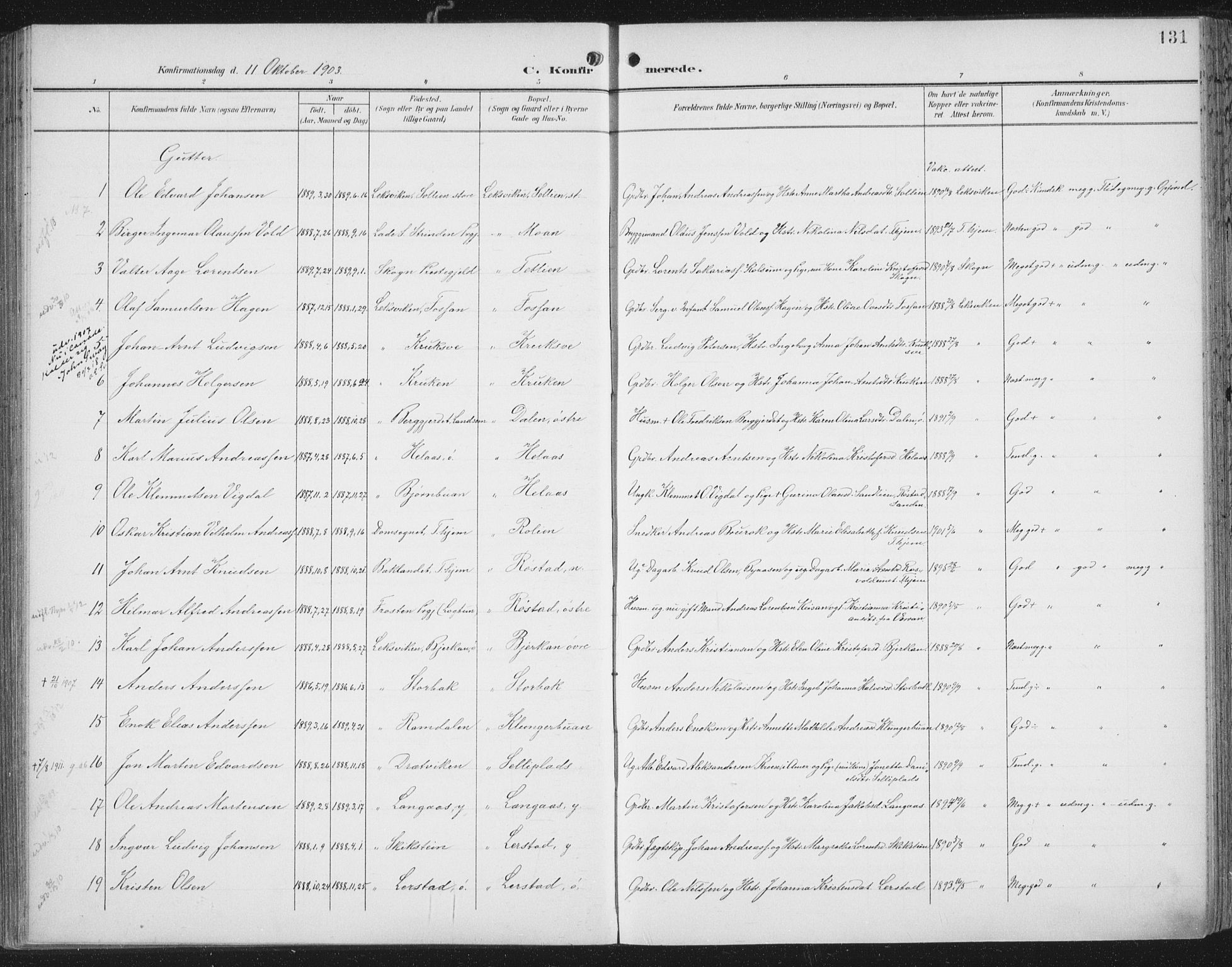 Ministerialprotokoller, klokkerbøker og fødselsregistre - Nord-Trøndelag, AV/SAT-A-1458/701/L0011: Parish register (official) no. 701A11, 1899-1915, p. 131