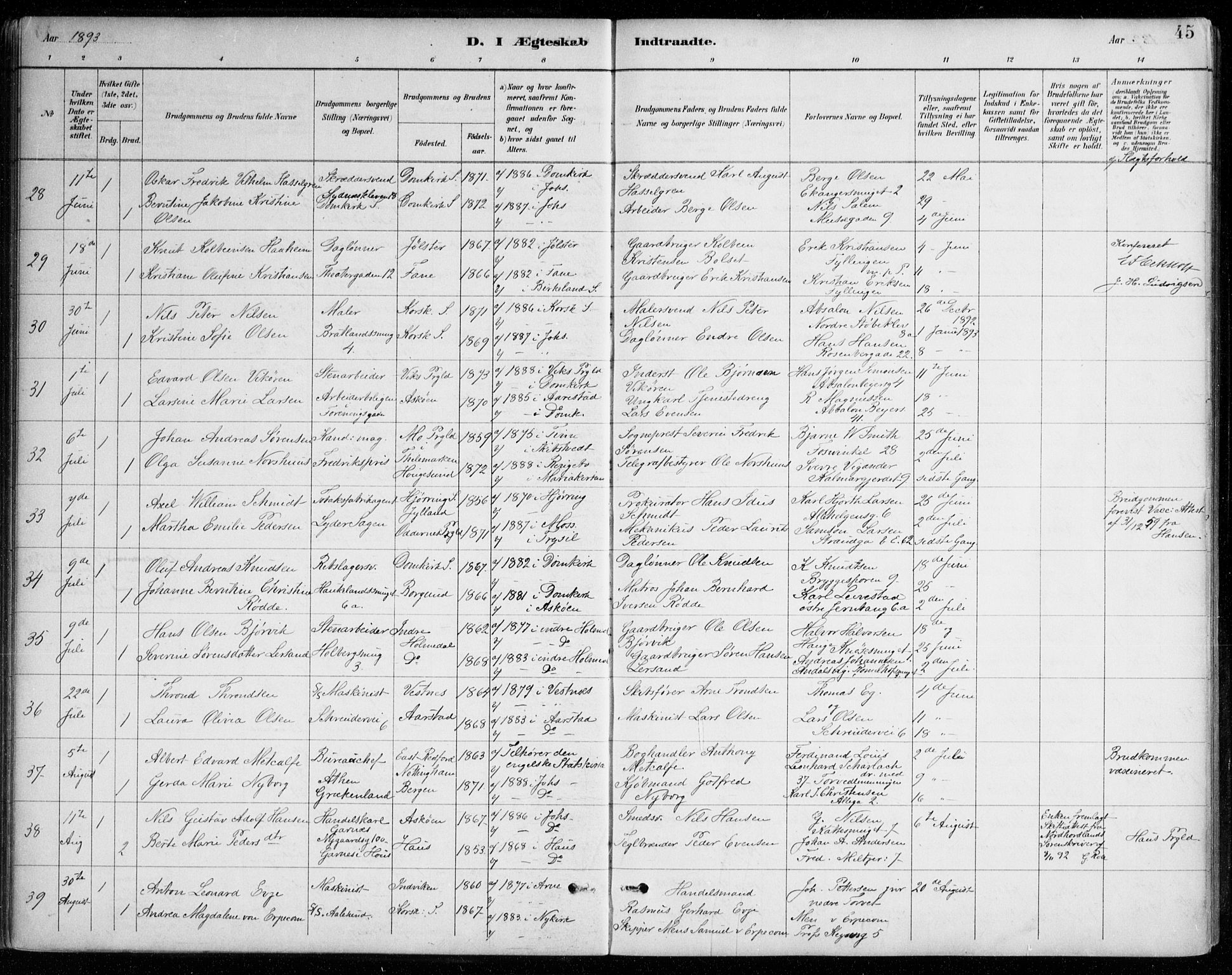 Johanneskirken sokneprestembete, SAB/A-76001/H/Haa/L0012: Parish register (official) no. D 1, 1885-1912, p. 45