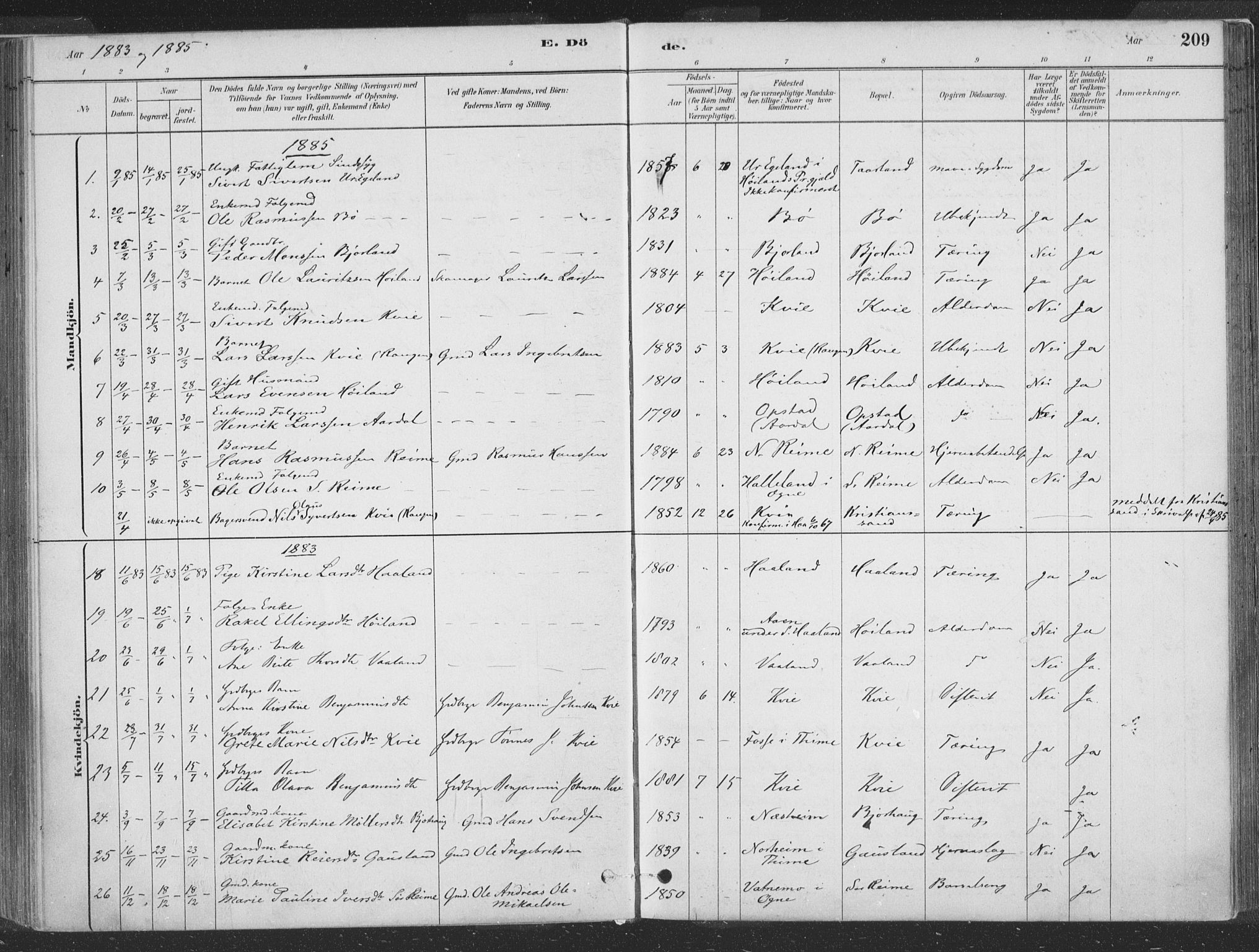 Hå sokneprestkontor, AV/SAST-A-101801/001/30BA/L0010: Parish register (official) no. A 9, 1879-1896, p. 209