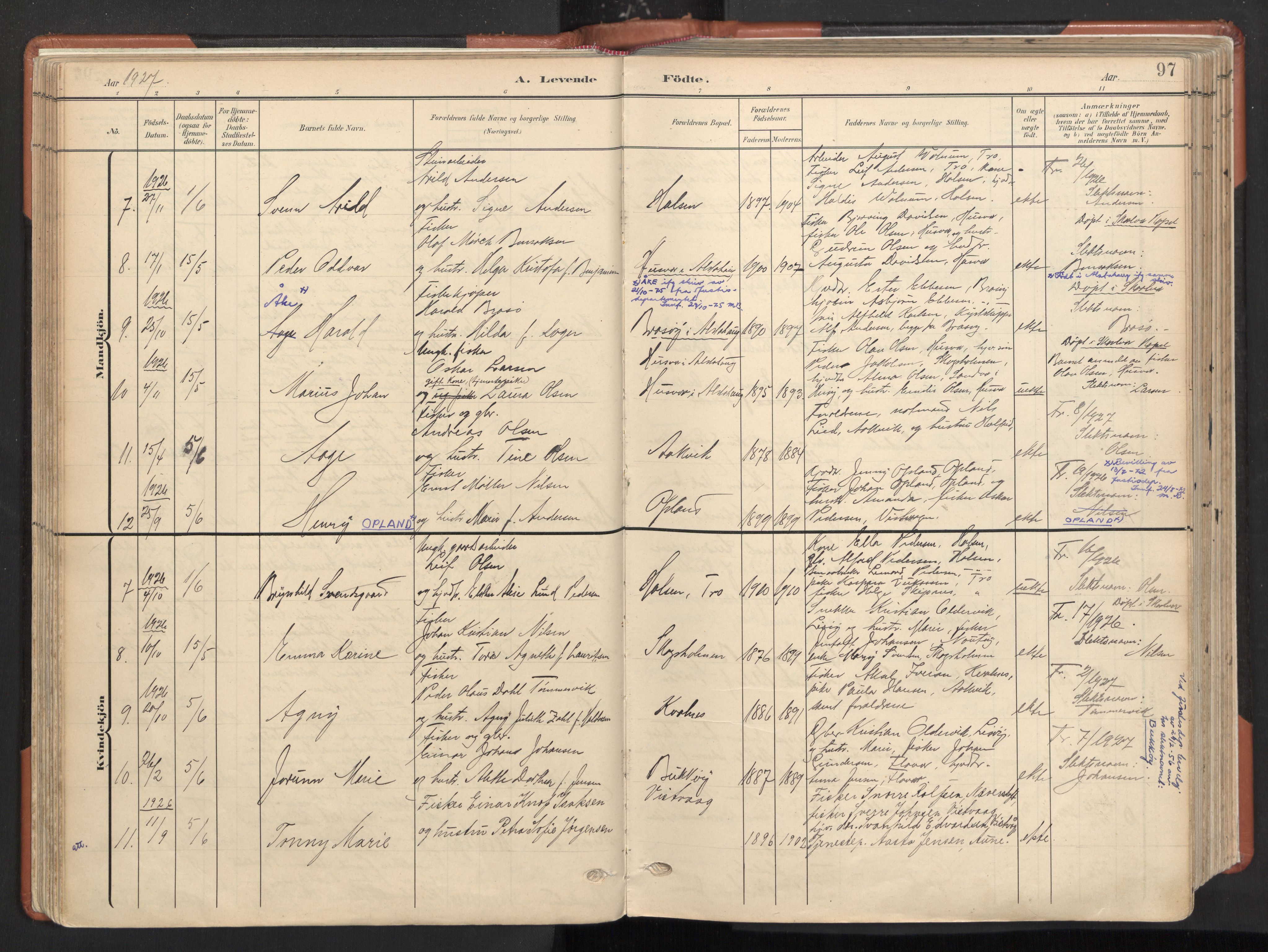 Ministerialprotokoller, klokkerbøker og fødselsregistre - Nordland, AV/SAT-A-1459/817/L0265: Parish register (official) no. 817A05, 1908-1944, p. 97