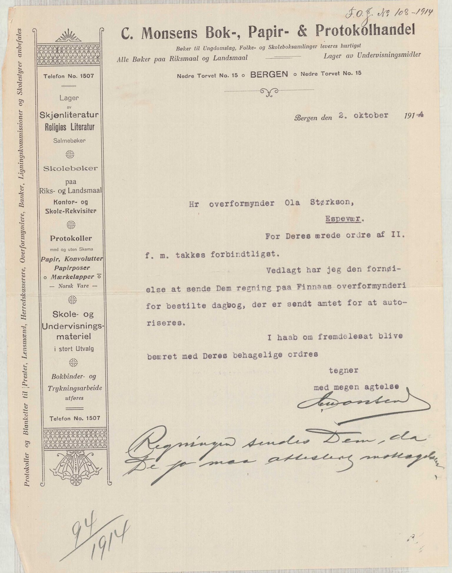 Finnaas kommune. Overformynderiet, IKAH/1218a-812/D/Da/Daa/L0003/0001: Kronologisk ordna korrespondanse / Kronologisk ordna korrespondanse, 1914-1916, p. 35