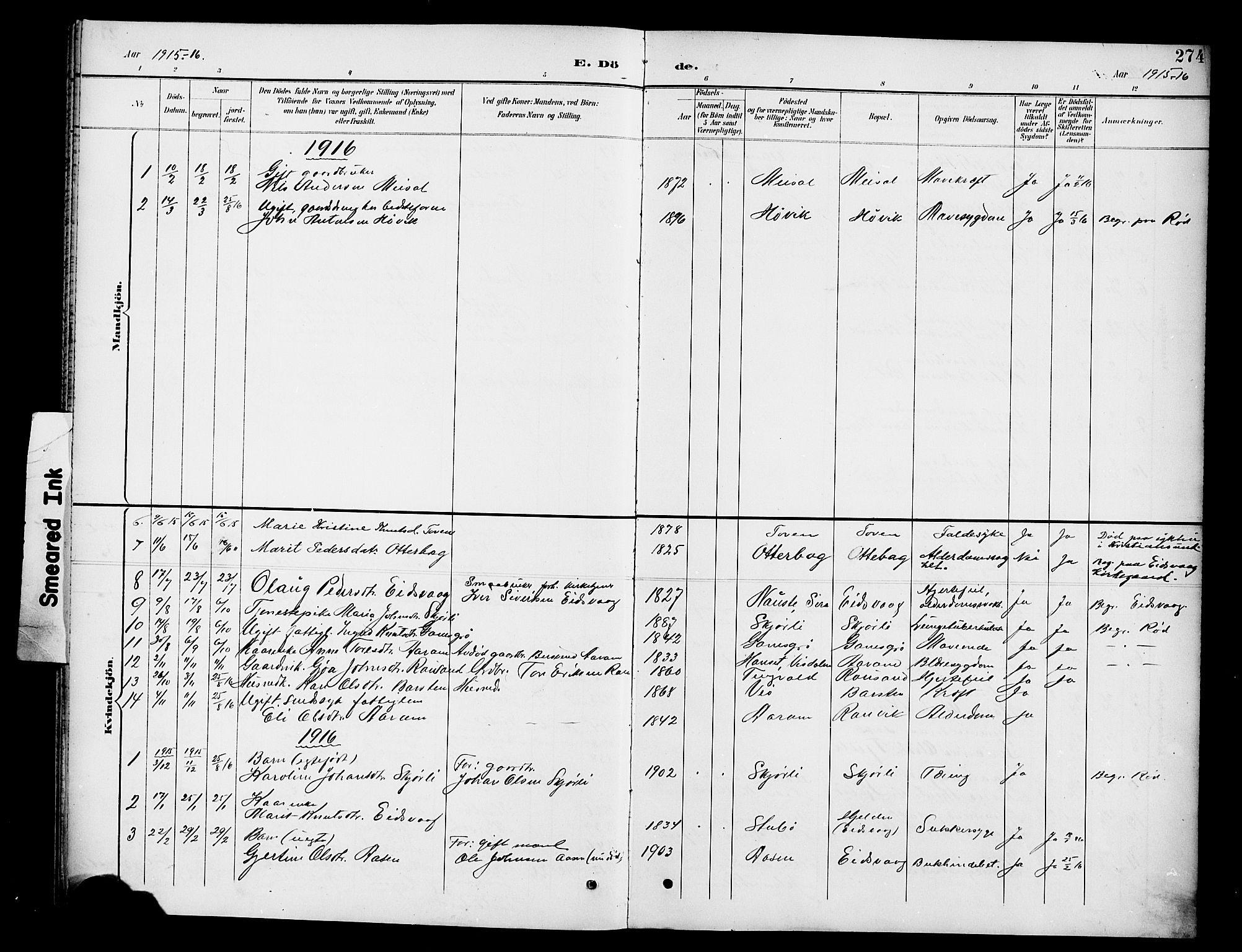 Ministerialprotokoller, klokkerbøker og fødselsregistre - Møre og Romsdal, SAT/A-1454/551/L0632: Parish register (copy) no. 551C04, 1894-1920, p. 274