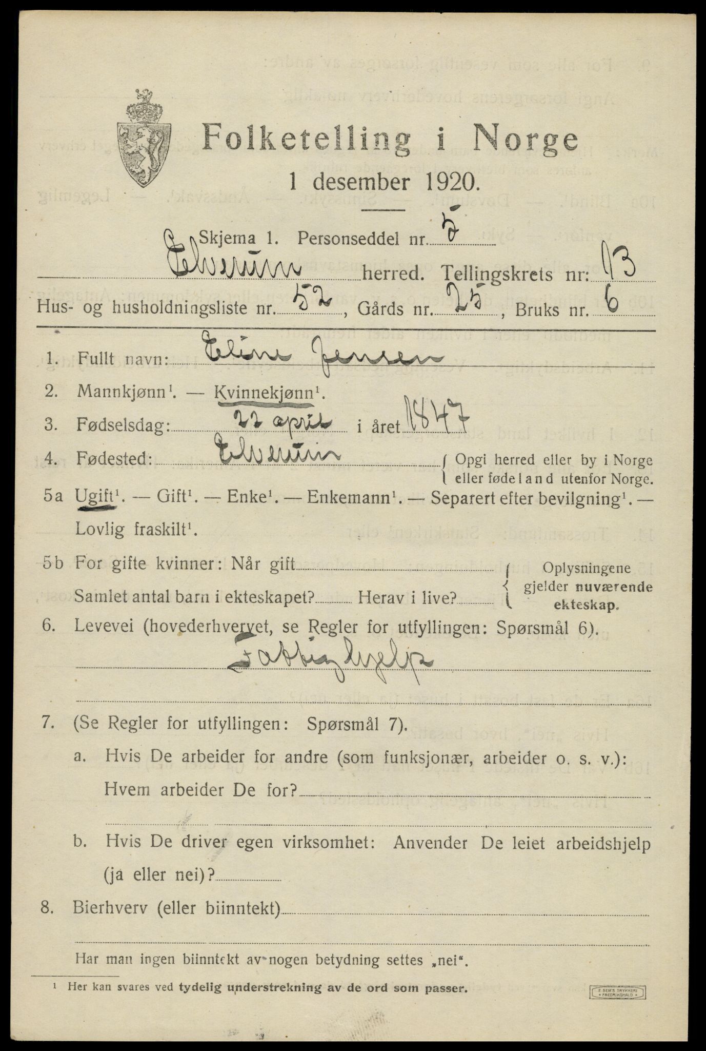 SAH, 1920 census for Elverum, 1920, p. 18002