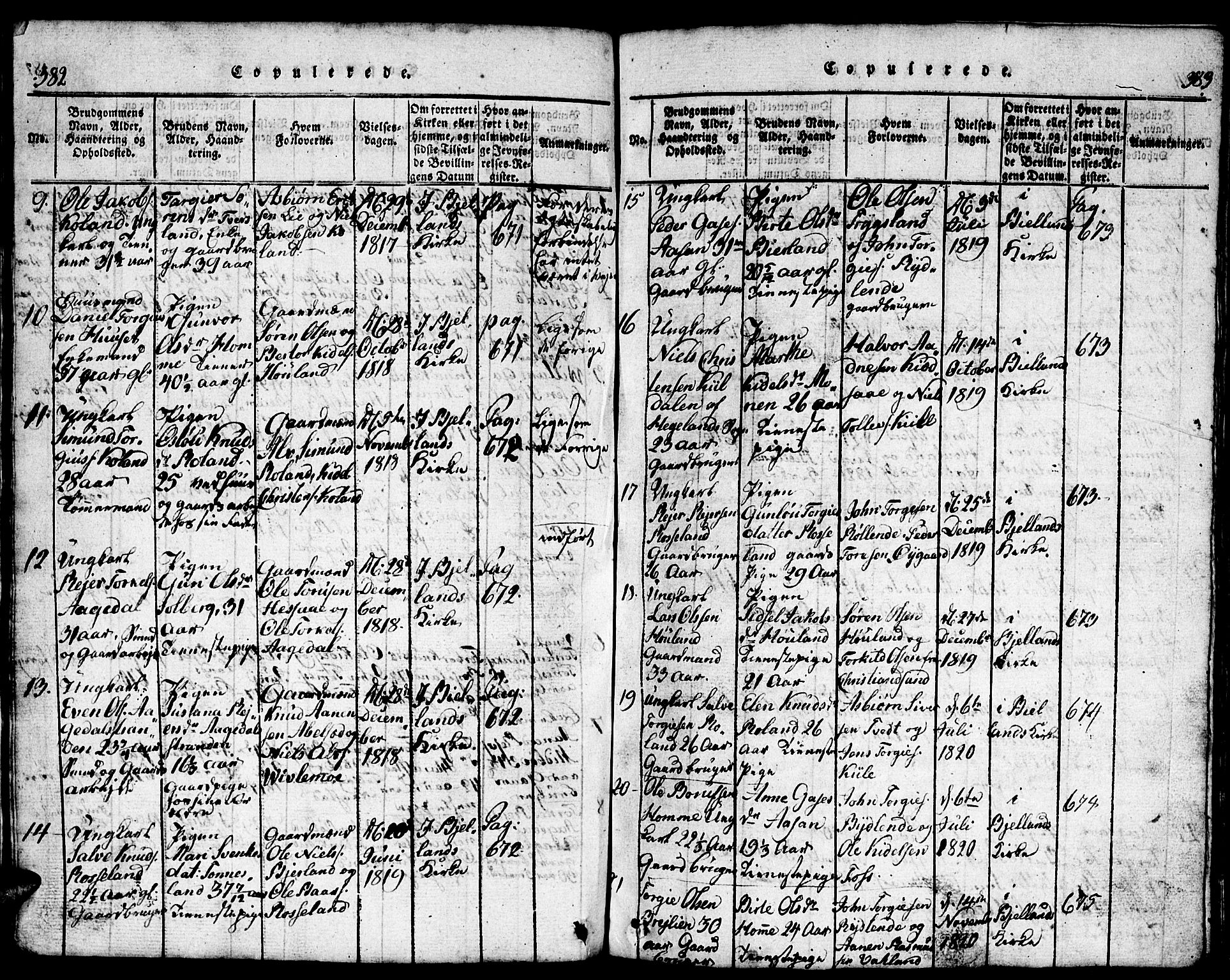 Bjelland sokneprestkontor, AV/SAK-1111-0005/F/Fb/Fba/L0003: Parish register (copy) no. B 3, 1816-1870, p. 382-383