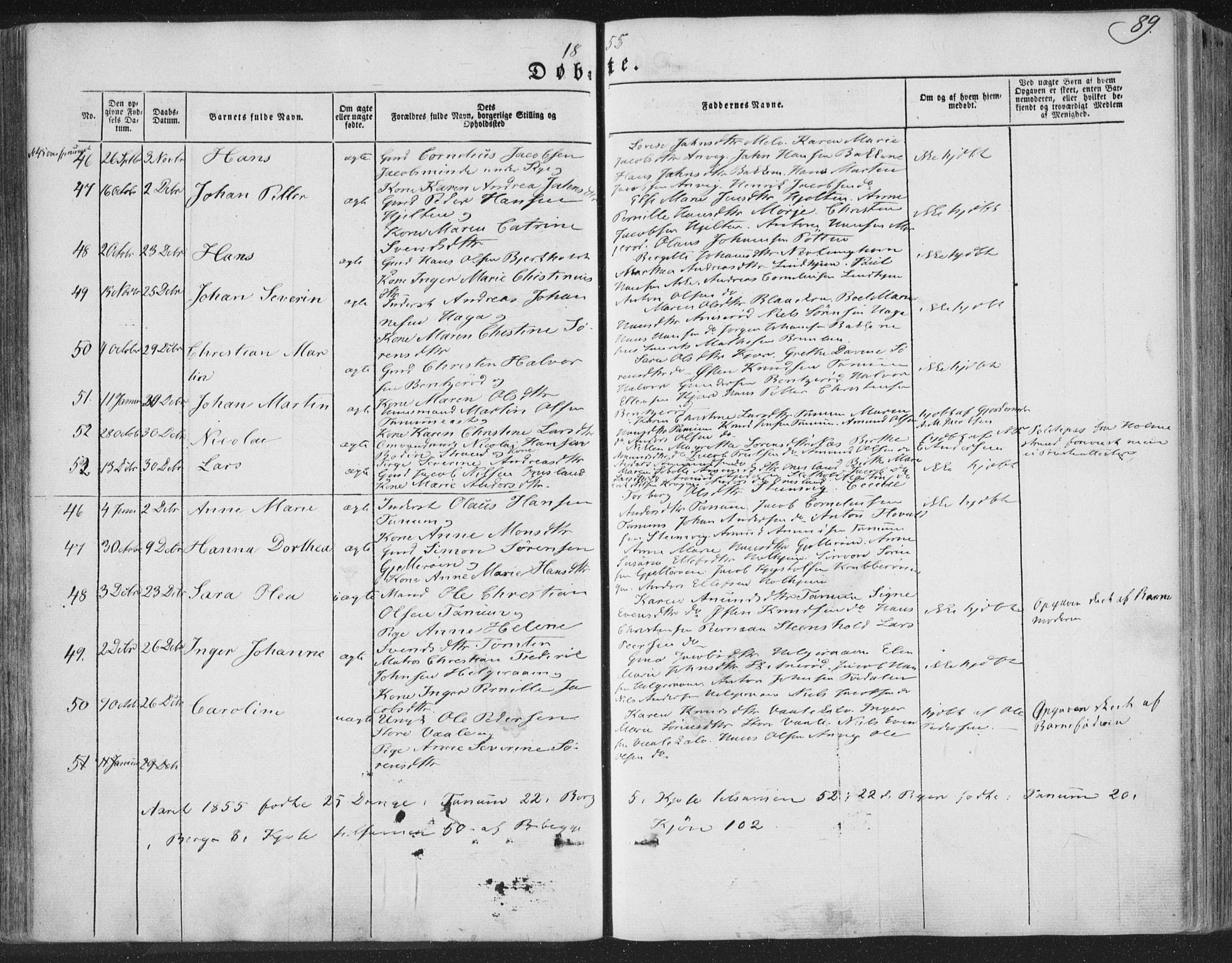 Brunlanes kirkebøker, AV/SAKO-A-342/F/Fa/L0004: Parish register (official) no. I 4, 1846-1862, p. 89