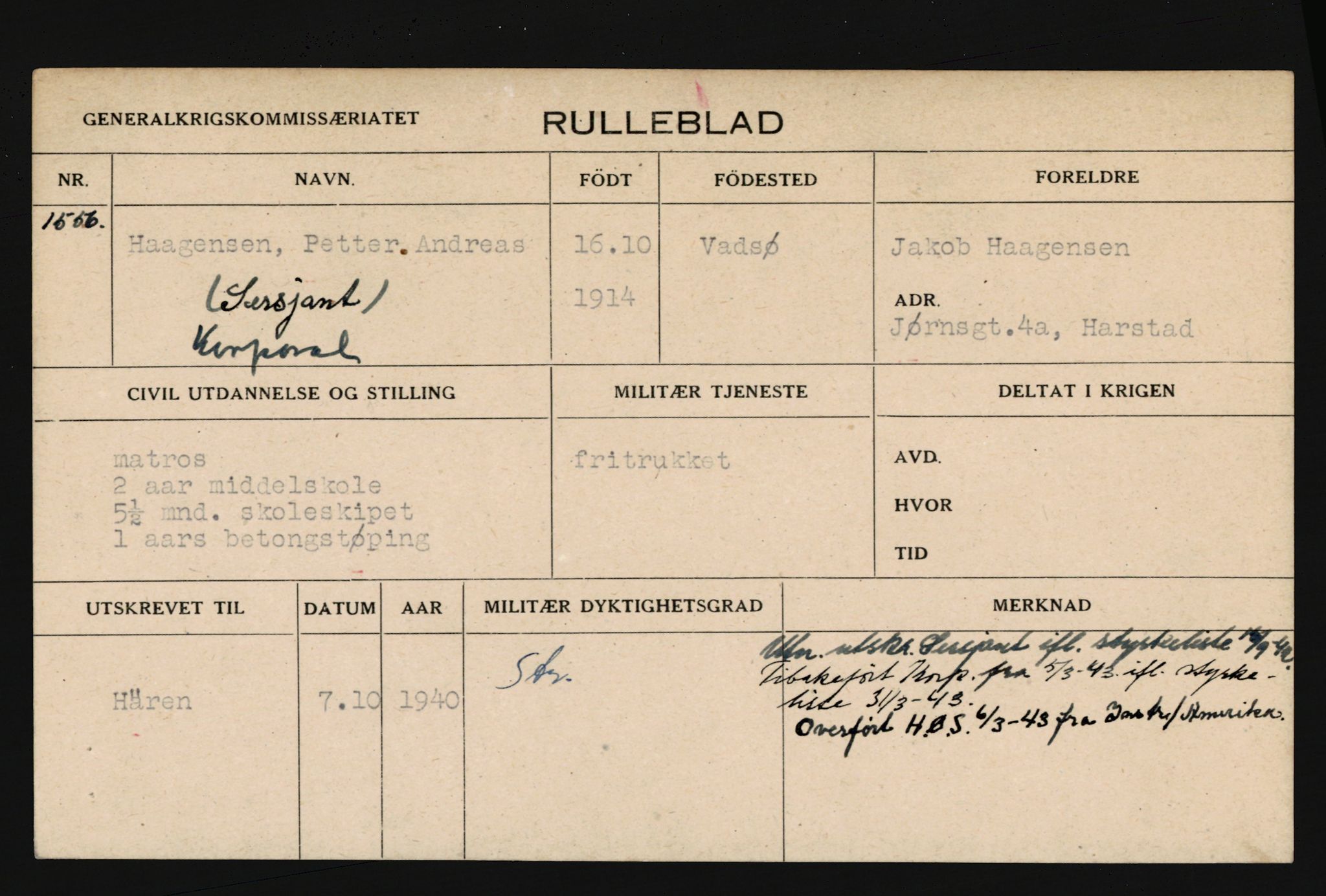 Forsvaret, Troms infanteriregiment nr. 16, AV/RA-RAFA-3146/P/Pa/L0019: Rulleblad for regimentets menige mannskaper, årsklasse 1935, 1935, p. 447