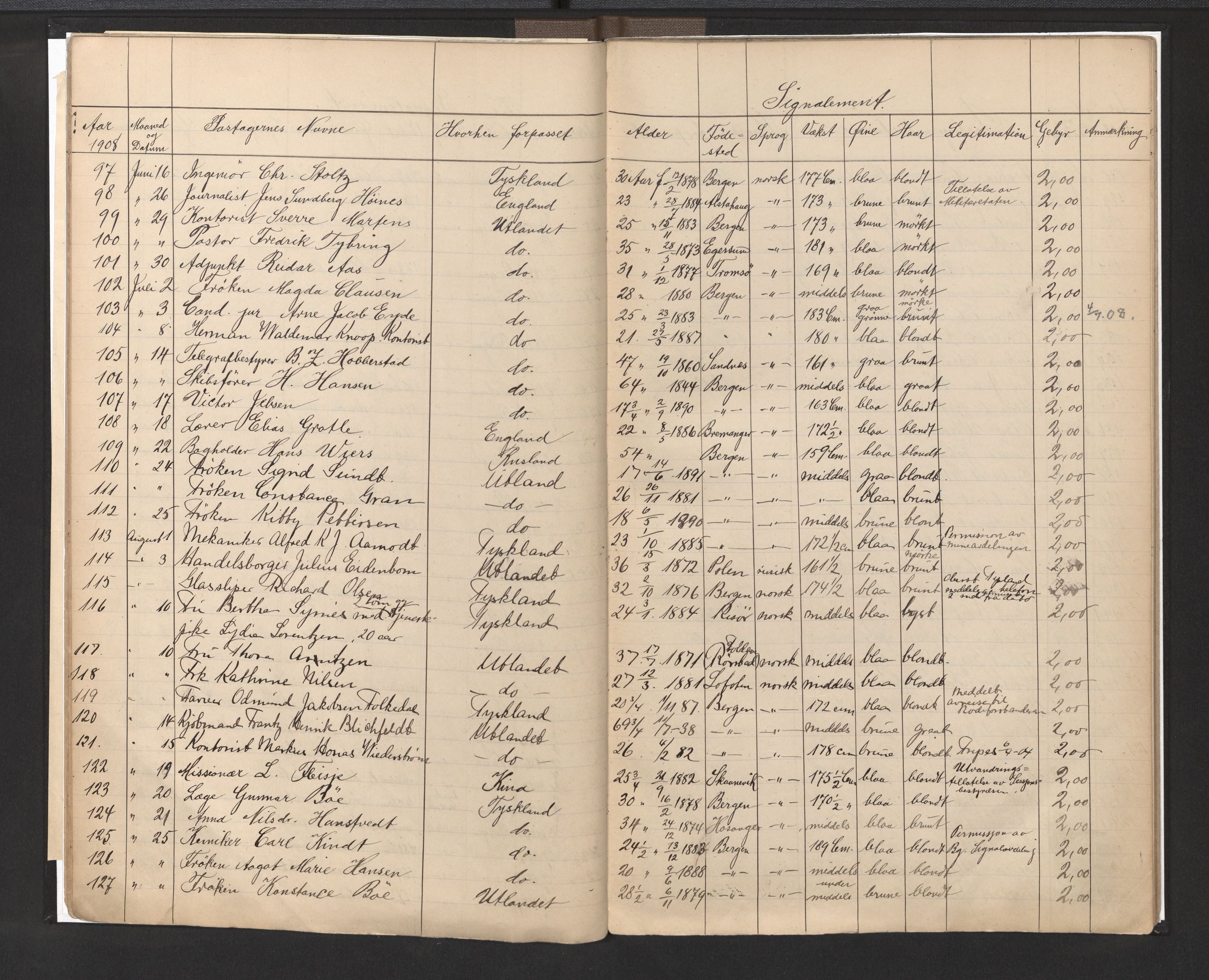 Bergen politikammer / politidistrikt, AV/SAB-A-60401/L/La/Lab/L0010: Passprotokoll, 1907-1913