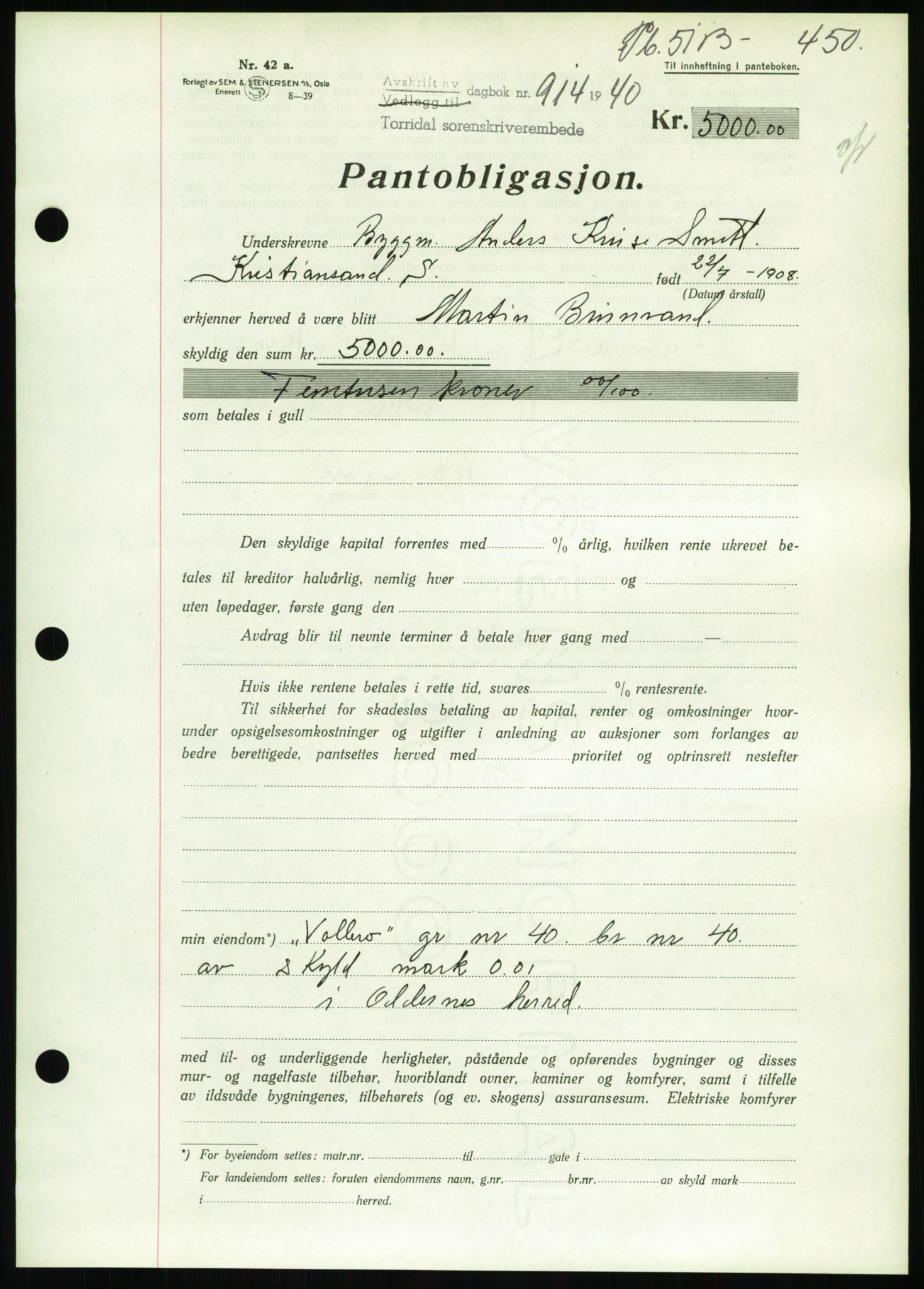 Torridal sorenskriveri, AV/SAK-1221-0012/G/Gb/Gbb/L0007: Mortgage book no. 51b, 1939-1940, Diary no: : 914/1940