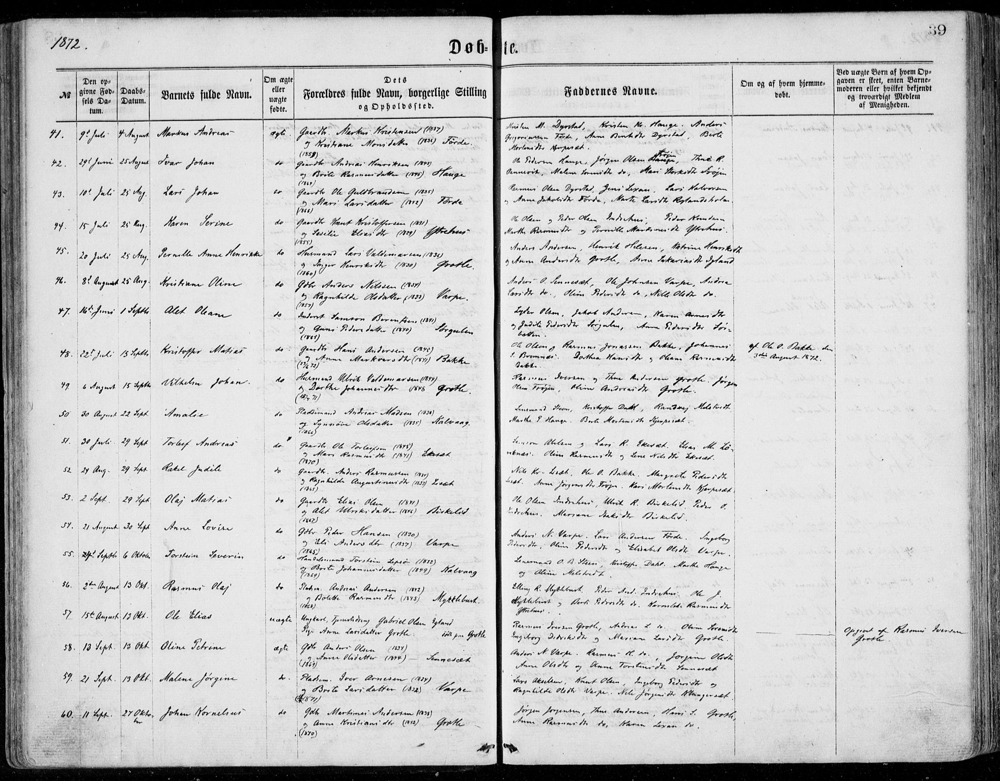 Bremanger sokneprestembete, SAB/A-82201/H/Haa/Haaa/L0001: Parish register (official) no. A  1, 1864-1883, p. 39