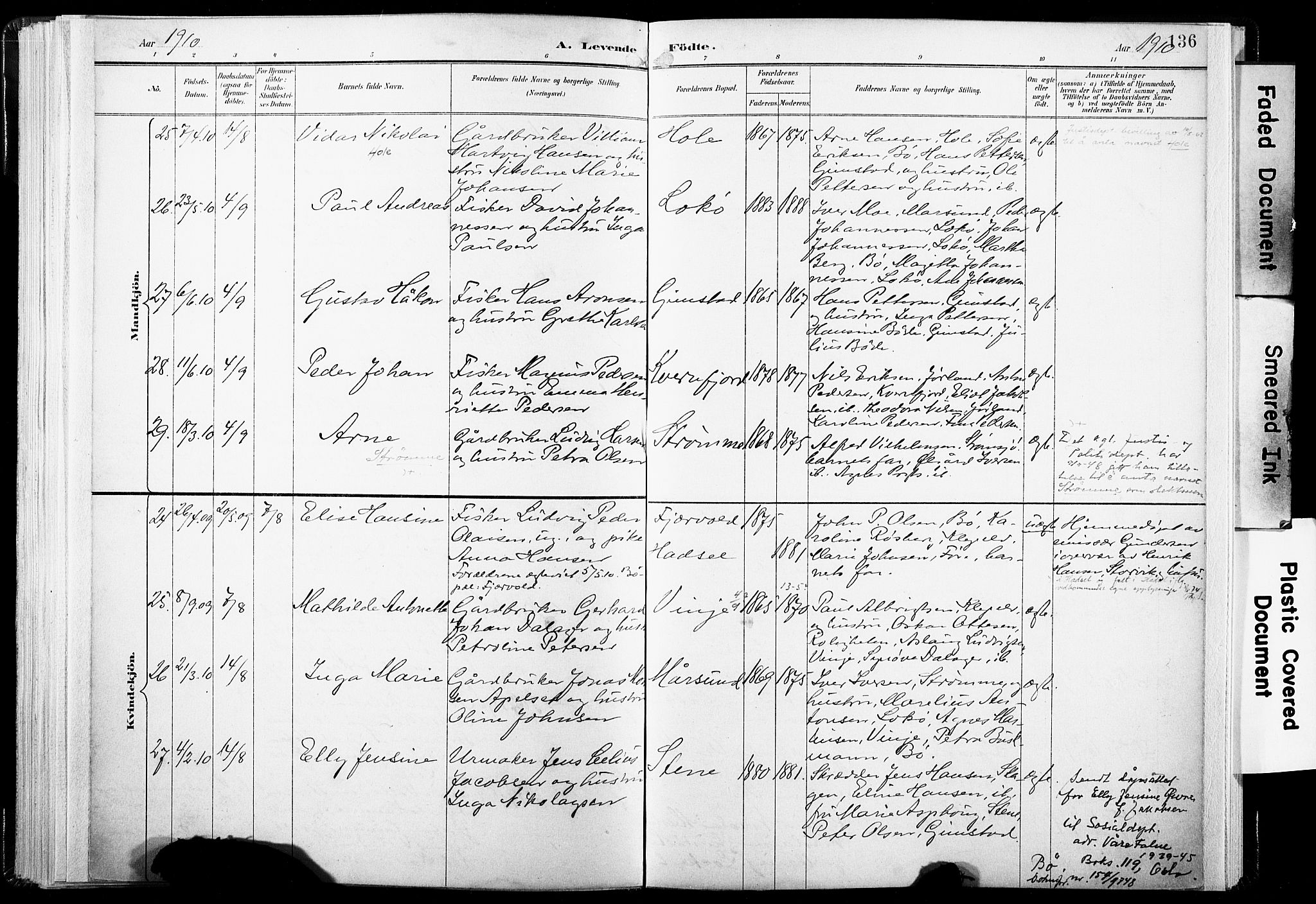 Ministerialprotokoller, klokkerbøker og fødselsregistre - Nordland, SAT/A-1459/891/L1304: Parish register (official) no. 891A09, 1895-1921, p. 136