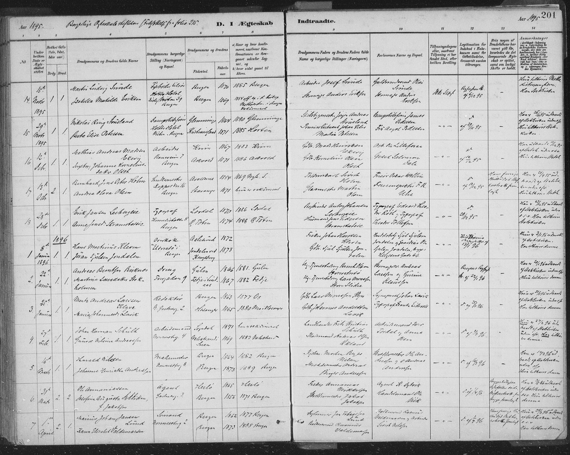 Domkirken sokneprestembete, SAB/A-74801/H/Hab/L0032: Parish register (copy) no. D 4, 1880-1907, p. 201