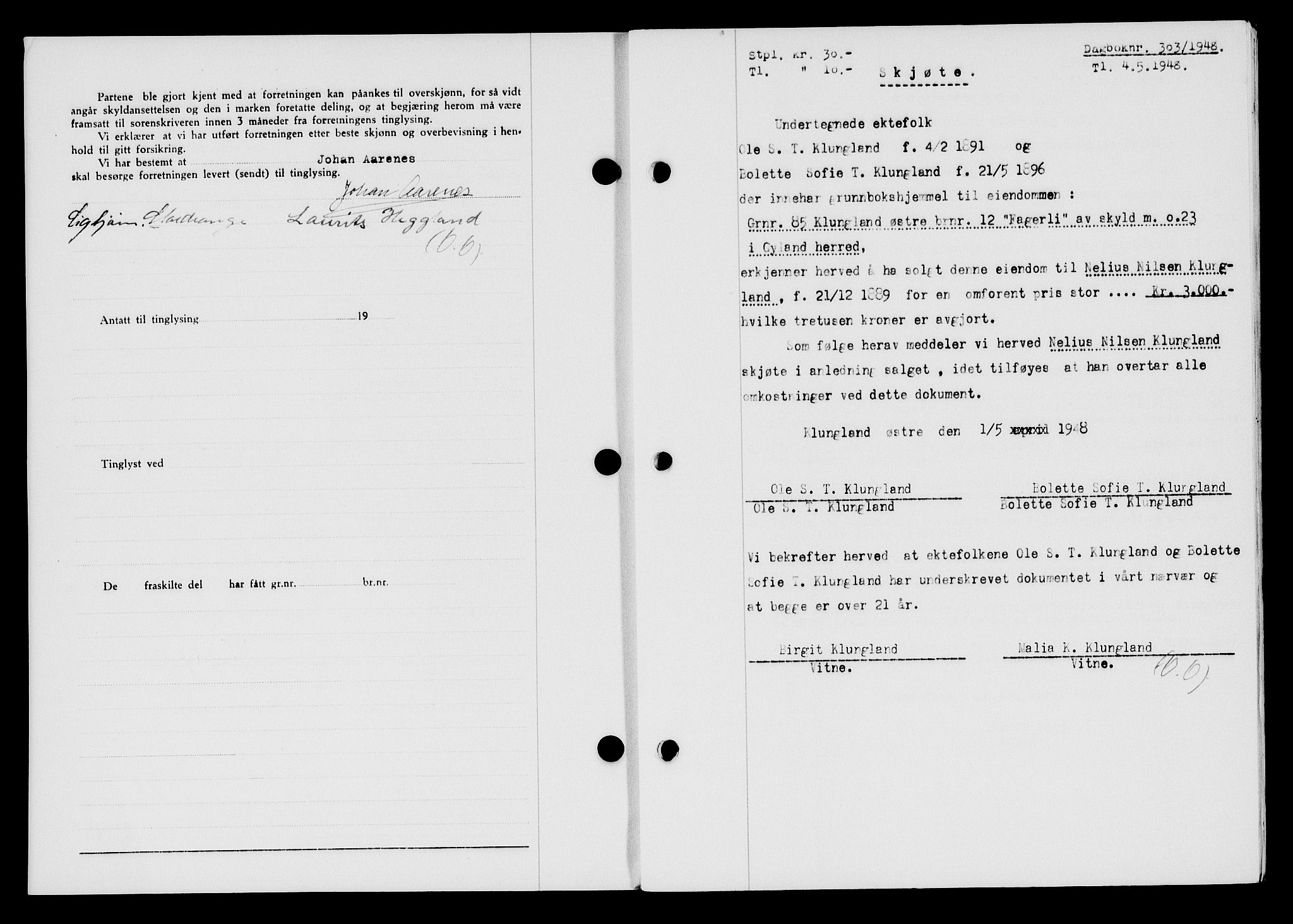 Flekkefjord sorenskriveri, SAK/1221-0001/G/Gb/Gba/L0063: Mortgage book no. A-11, 1947-1948, Diary no: : 303/1948