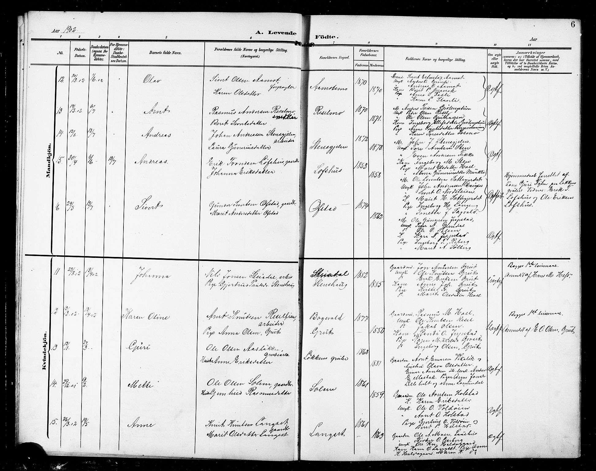 Ministerialprotokoller, klokkerbøker og fødselsregistre - Sør-Trøndelag, AV/SAT-A-1456/672/L0864: Parish register (copy) no. 672C03, 1902-1914, p. 6