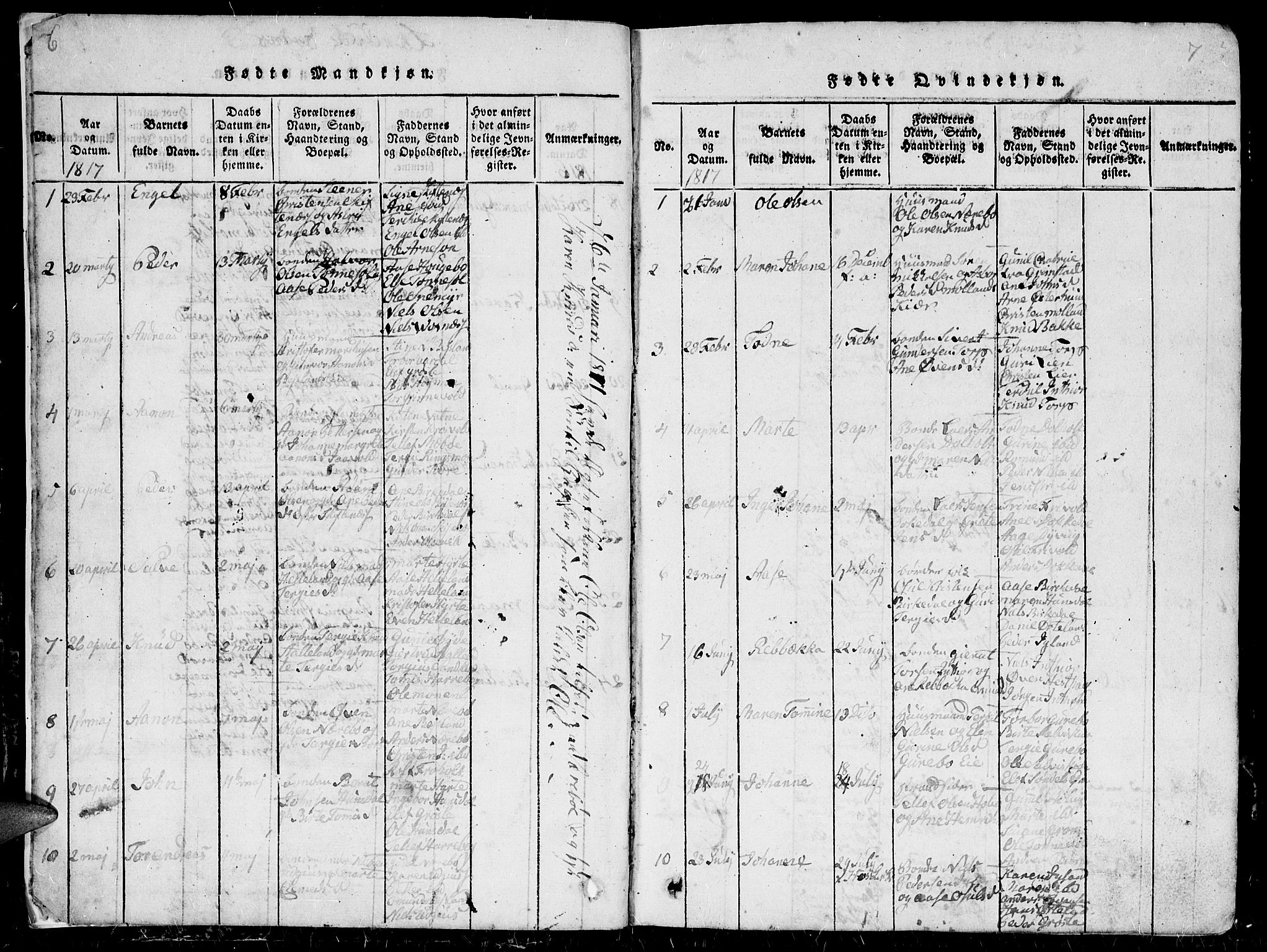 Hommedal sokneprestkontor, AV/SAK-1111-0023/F/Fb/Fbb/L0003: Parish register (copy) no. B 3 /1, 1816-1850, p. 6-7