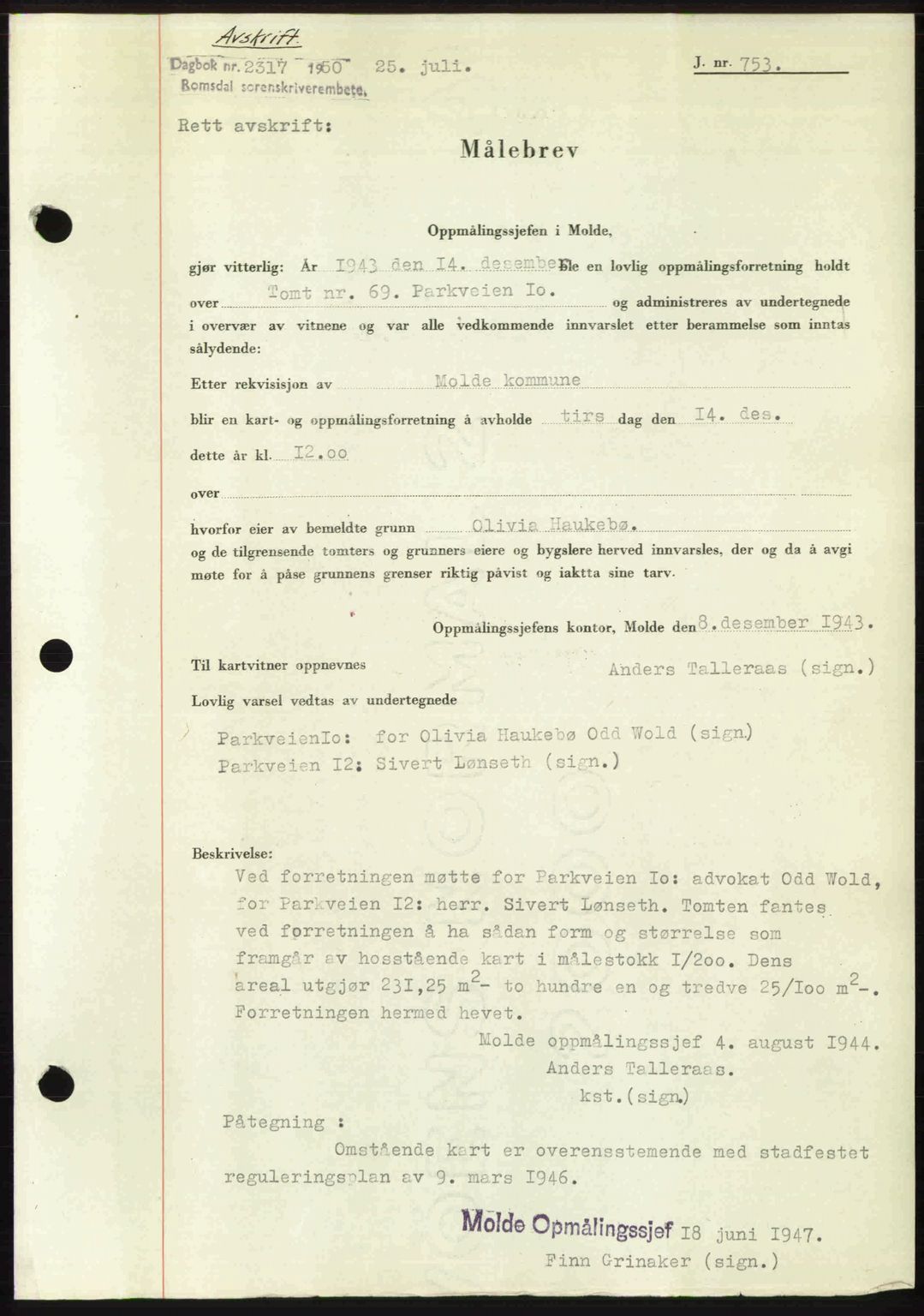 Romsdal sorenskriveri, SAT/A-4149/1/2/2C: Mortgage book no. A34, 1950-1950, Diary no: : 2317/1950