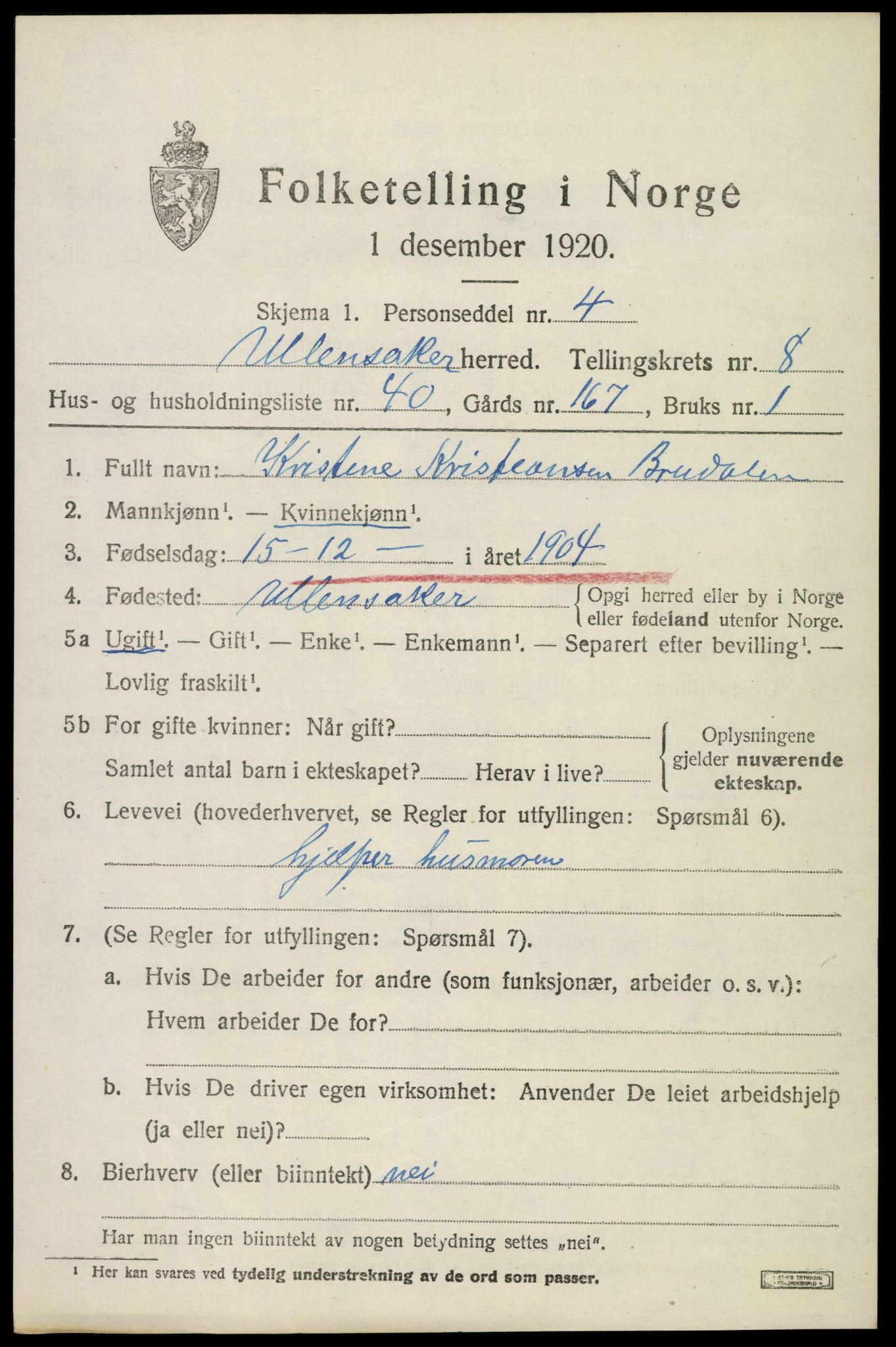 SAO, 1920 census for Ullensaker, 1920, p. 14631