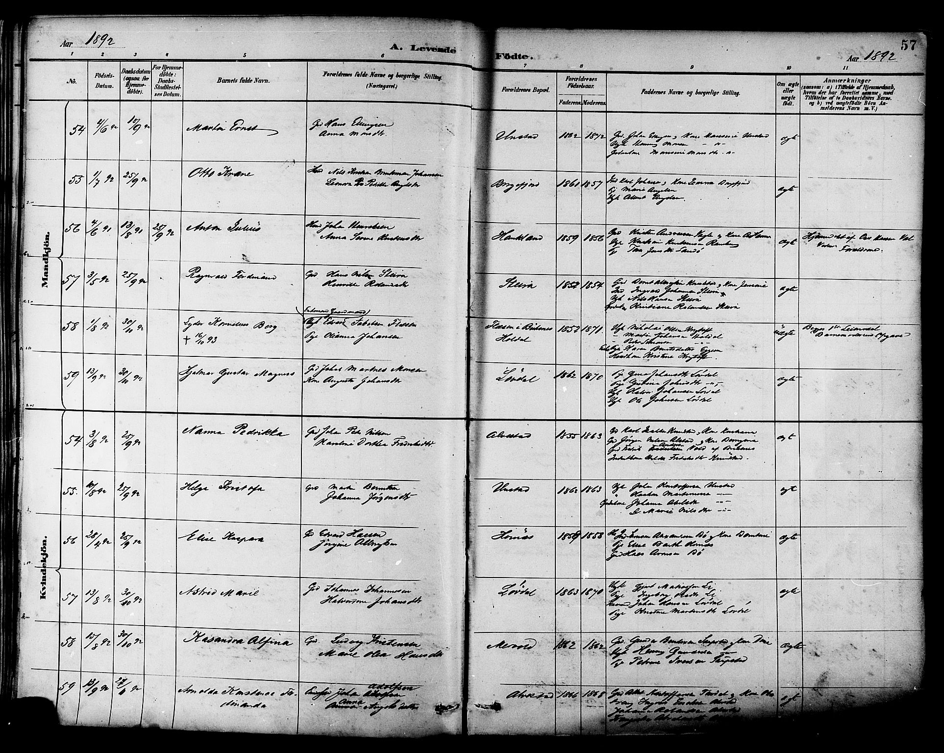 Ministerialprotokoller, klokkerbøker og fødselsregistre - Nordland, AV/SAT-A-1459/880/L1133: Parish register (official) no. 880A07, 1888-1898, p. 57