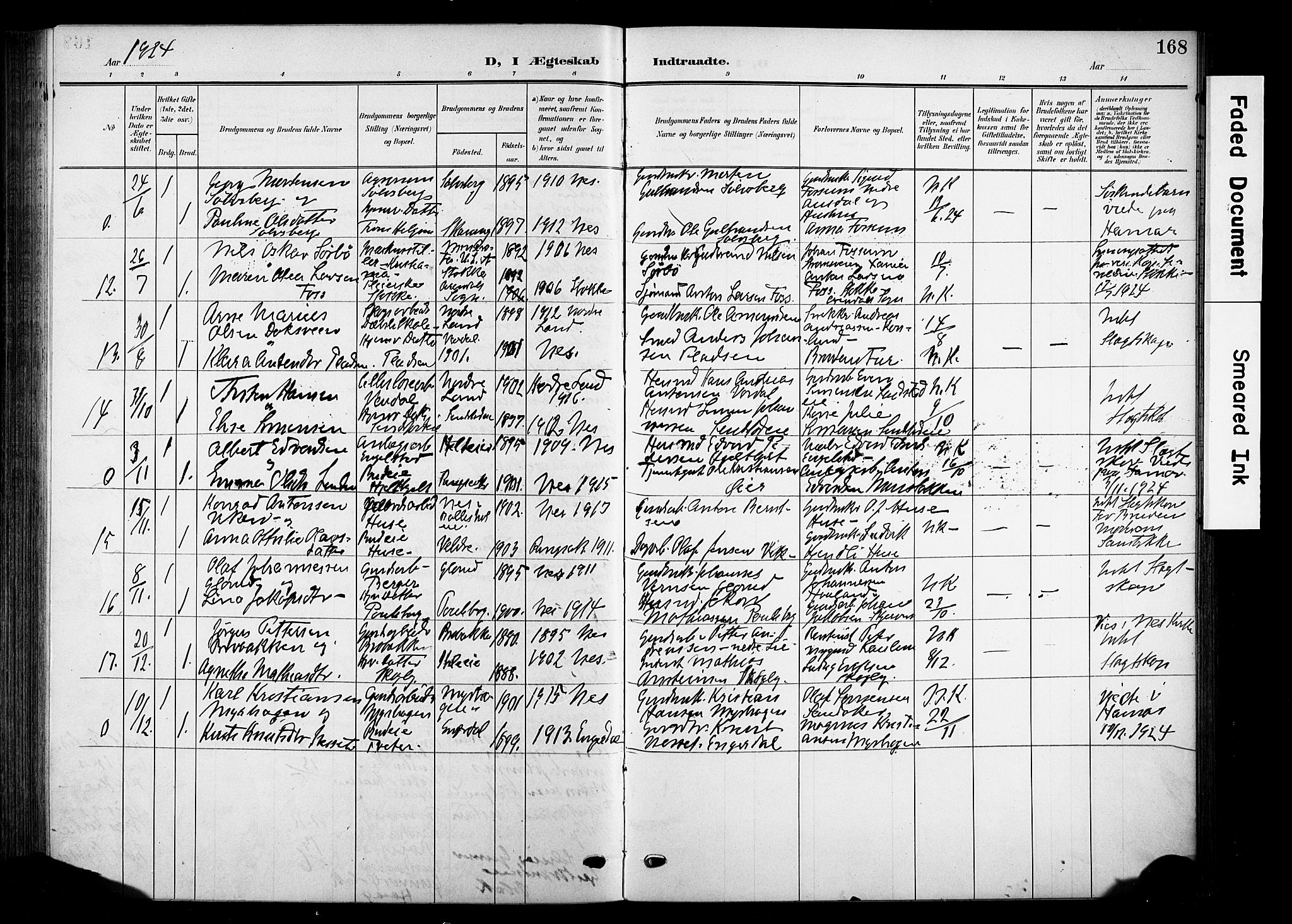 Nes prestekontor, Hedmark, AV/SAH-PREST-020/K/Ka/L0013: Parish register (official) no. 13, 1906-1924, p. 168