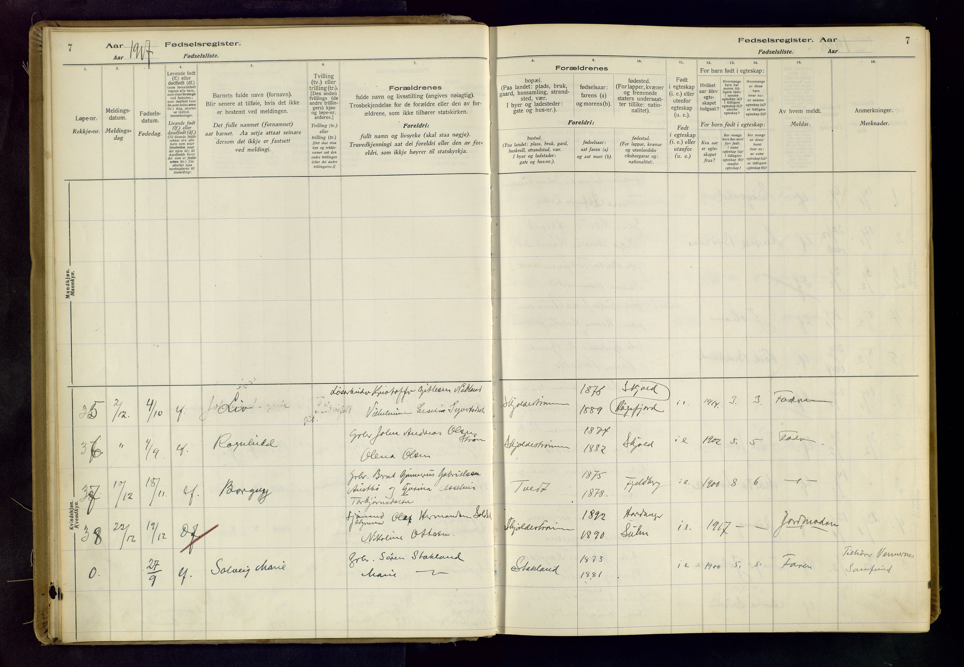 Skjold sokneprestkontor, AV/SAST-A-101847/I/Id/L0001: Birth register no. 1, 1917-1951, p. 7