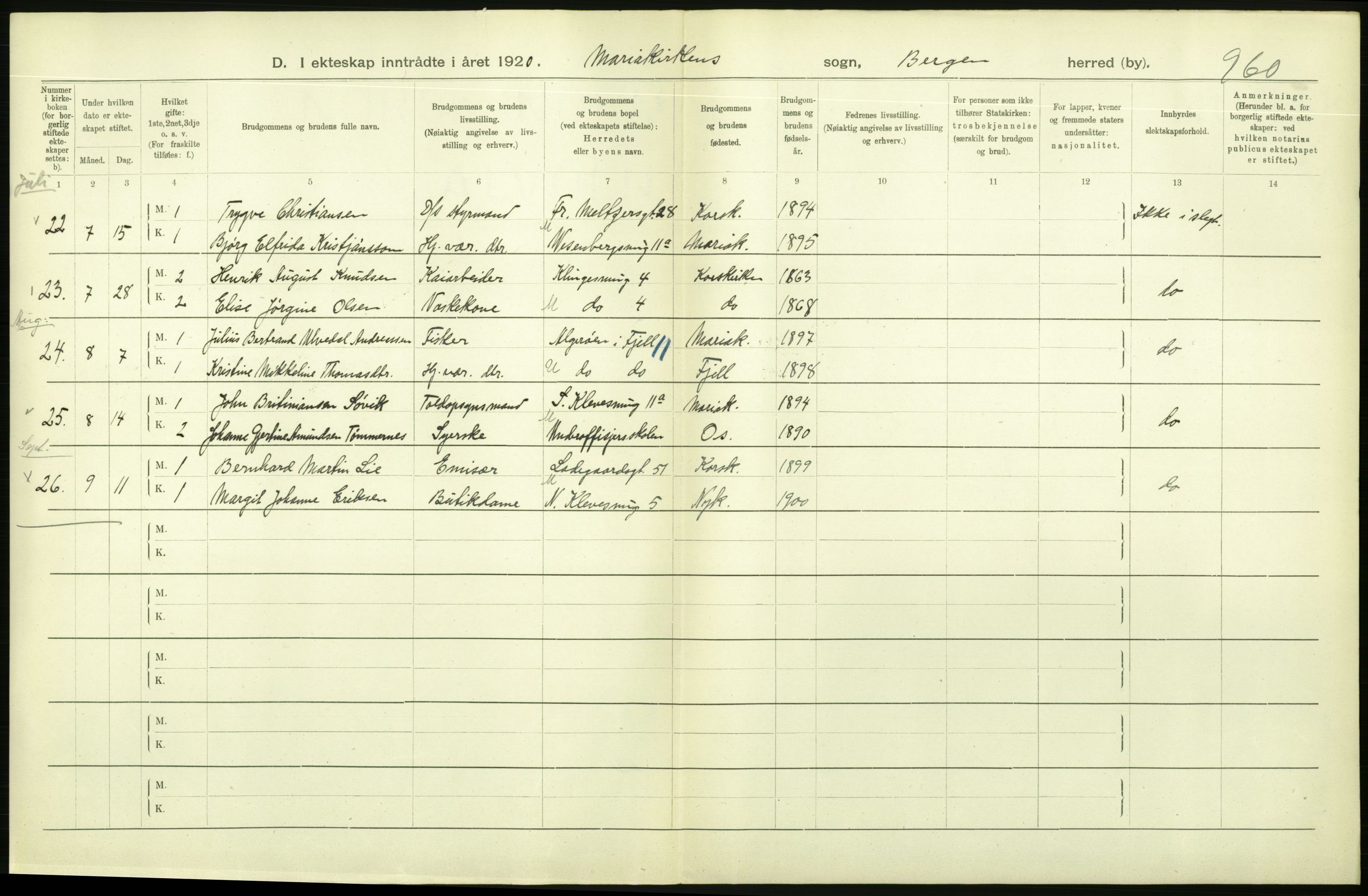 Statistisk sentralbyrå, Sosiodemografiske emner, Befolkning, AV/RA-S-2228/D/Df/Dfb/Dfbj/L0042: Bergen: Gifte, døde, dødfødte., 1920, p. 94