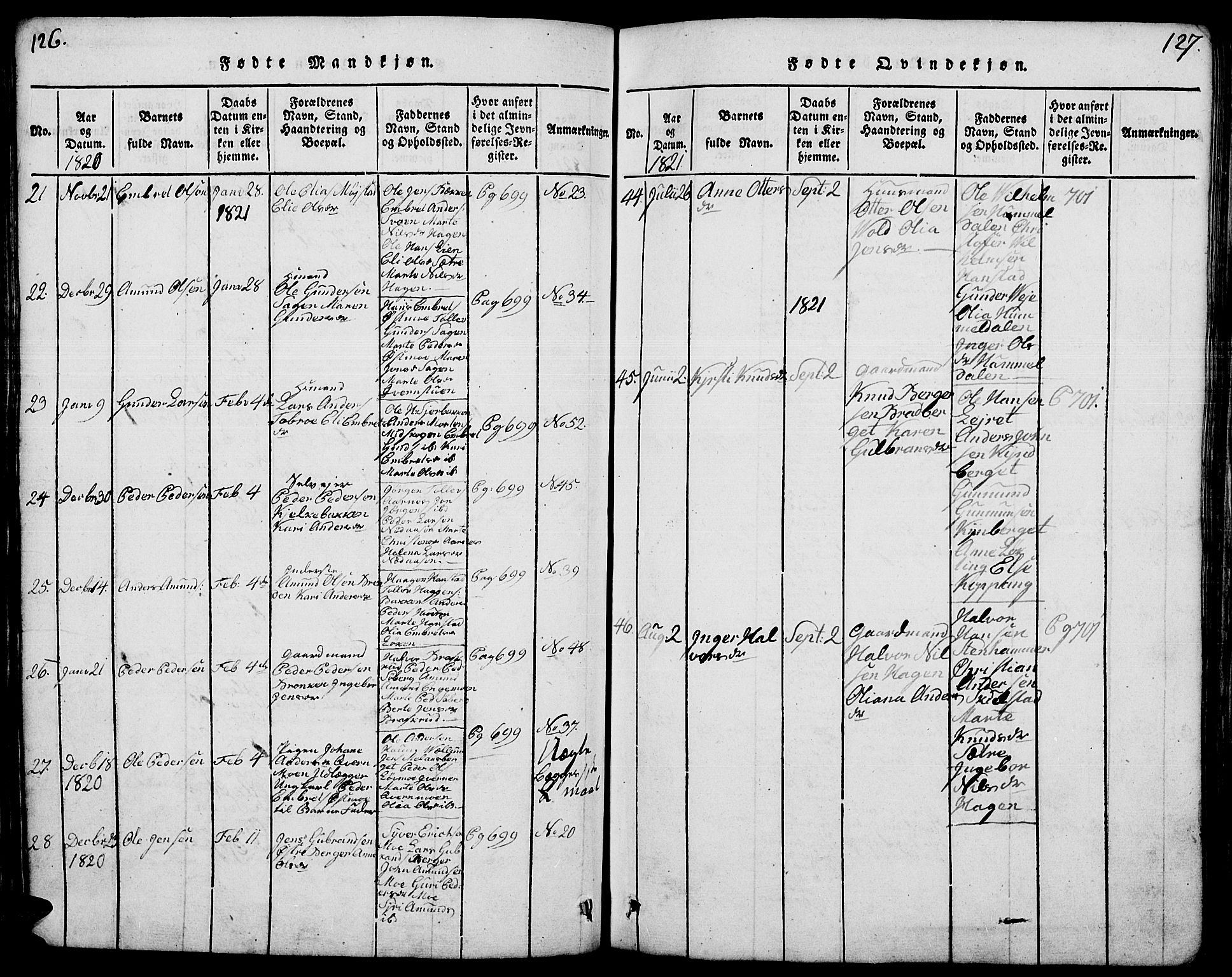 Elverum prestekontor, AV/SAH-PREST-044/H/Ha/Hab/L0001: Parish register (copy) no. 1, 1815-1829, p. 126-127