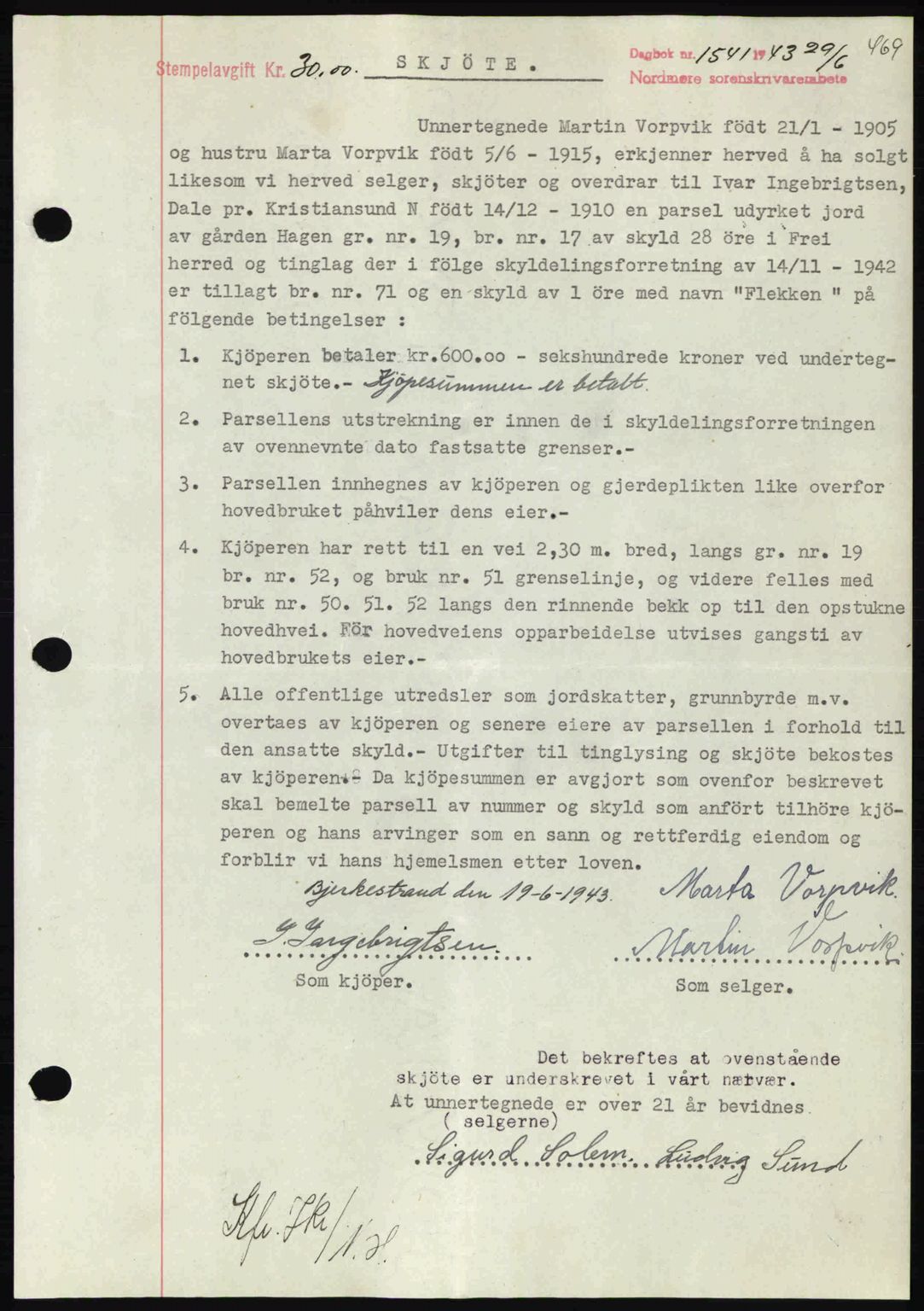 Nordmøre sorenskriveri, AV/SAT-A-4132/1/2/2Ca: Mortgage book no. A95, 1943-1943, Diary no: : 1541/1943