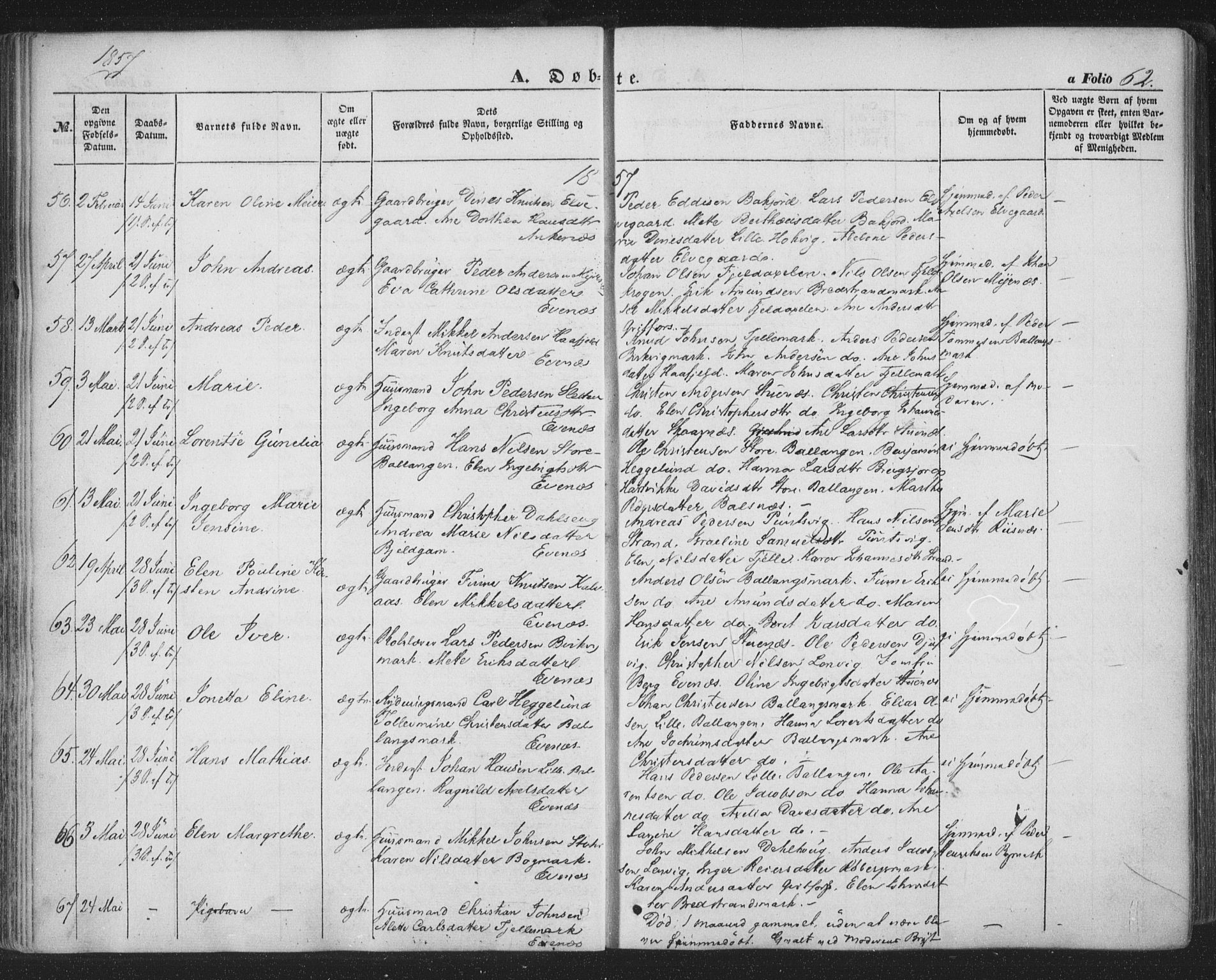 Ministerialprotokoller, klokkerbøker og fødselsregistre - Nordland, SAT/A-1459/863/L0895: Parish register (official) no. 863A07, 1851-1860, p. 62