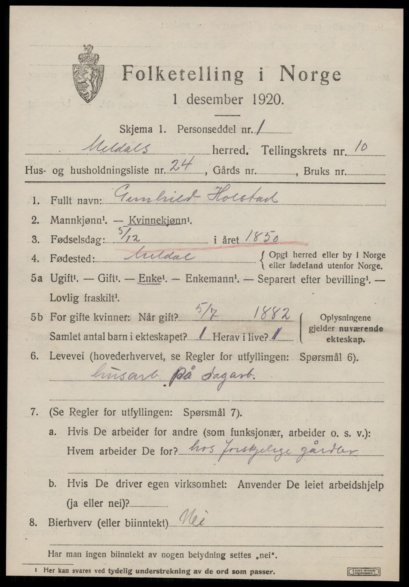 SAT, 1920 census for Meldal, 1920, p. 8493