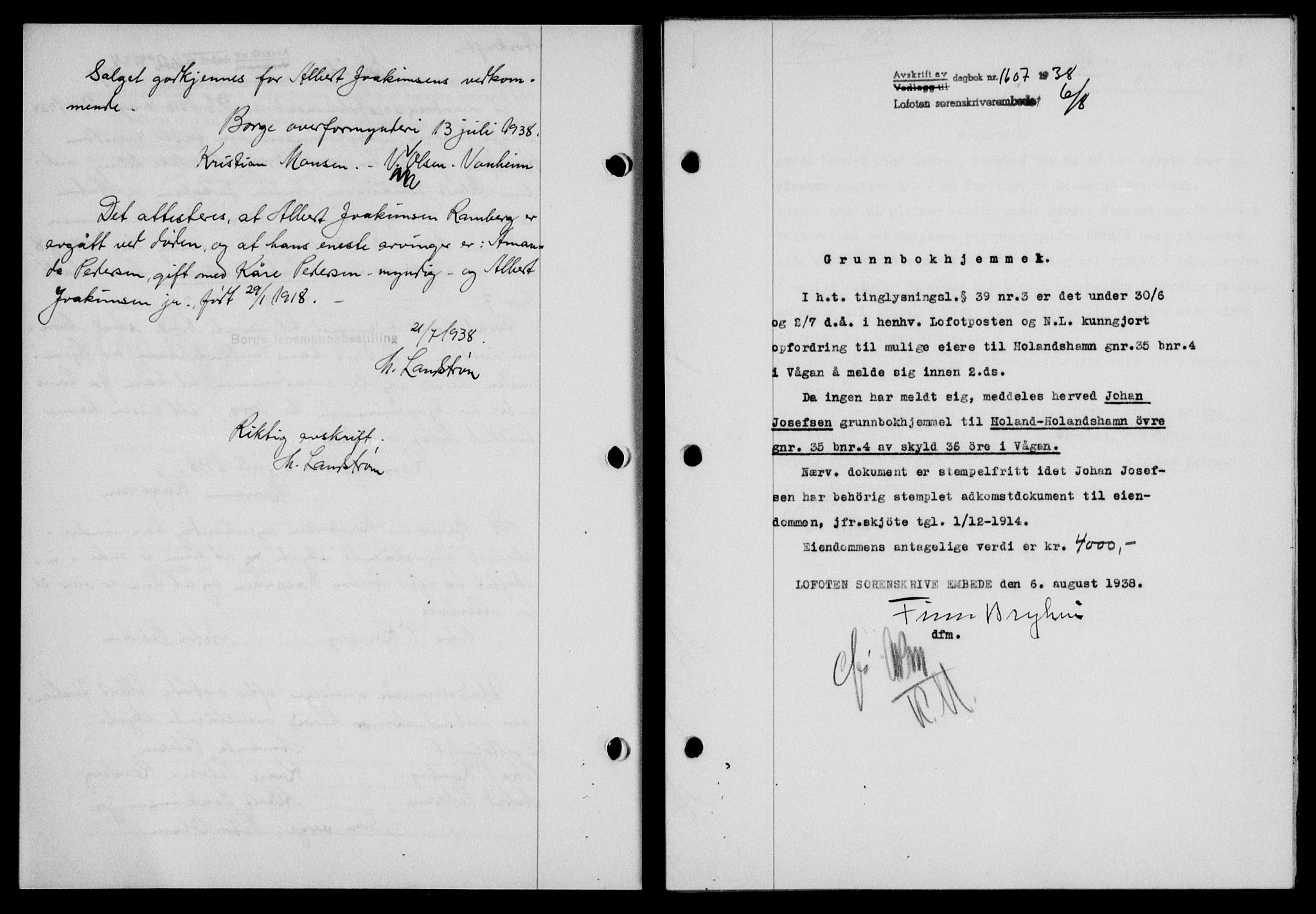 Lofoten sorenskriveri, SAT/A-0017/1/2/2C/L0004a: Mortgage book no. 4a, 1938-1938, Diary no: : 1607/1938