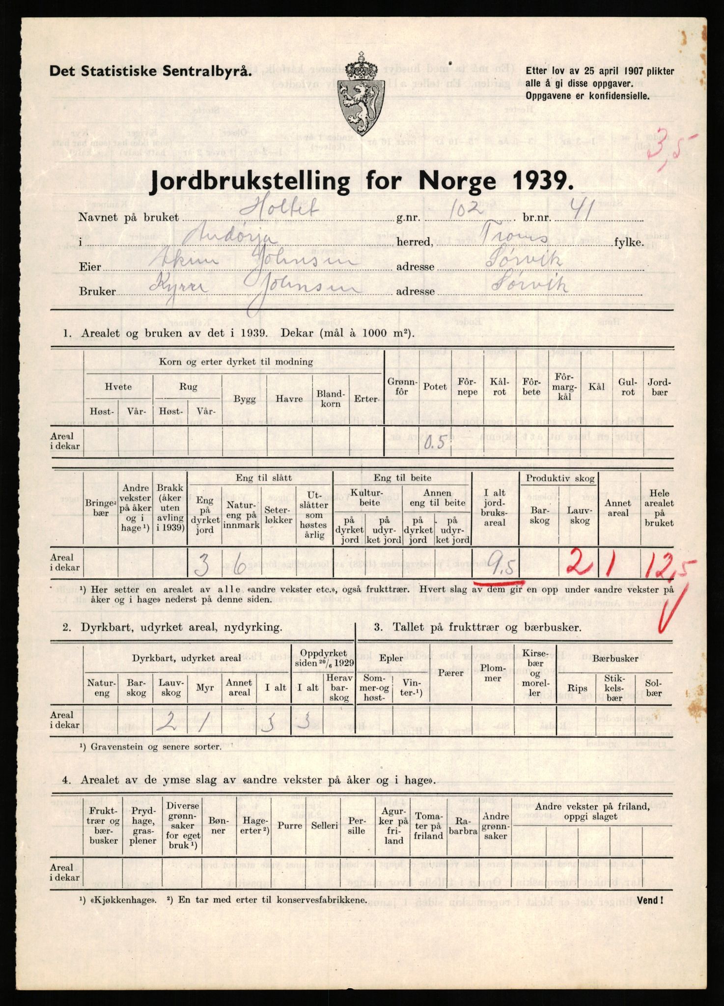 Statistisk sentralbyrå, Næringsøkonomiske emner, Jordbruk, skogbruk, jakt, fiske og fangst, AV/RA-S-2234/G/Gb/L0339: Troms: Andørja, Astafjord og Lavangen, 1939, p. 431