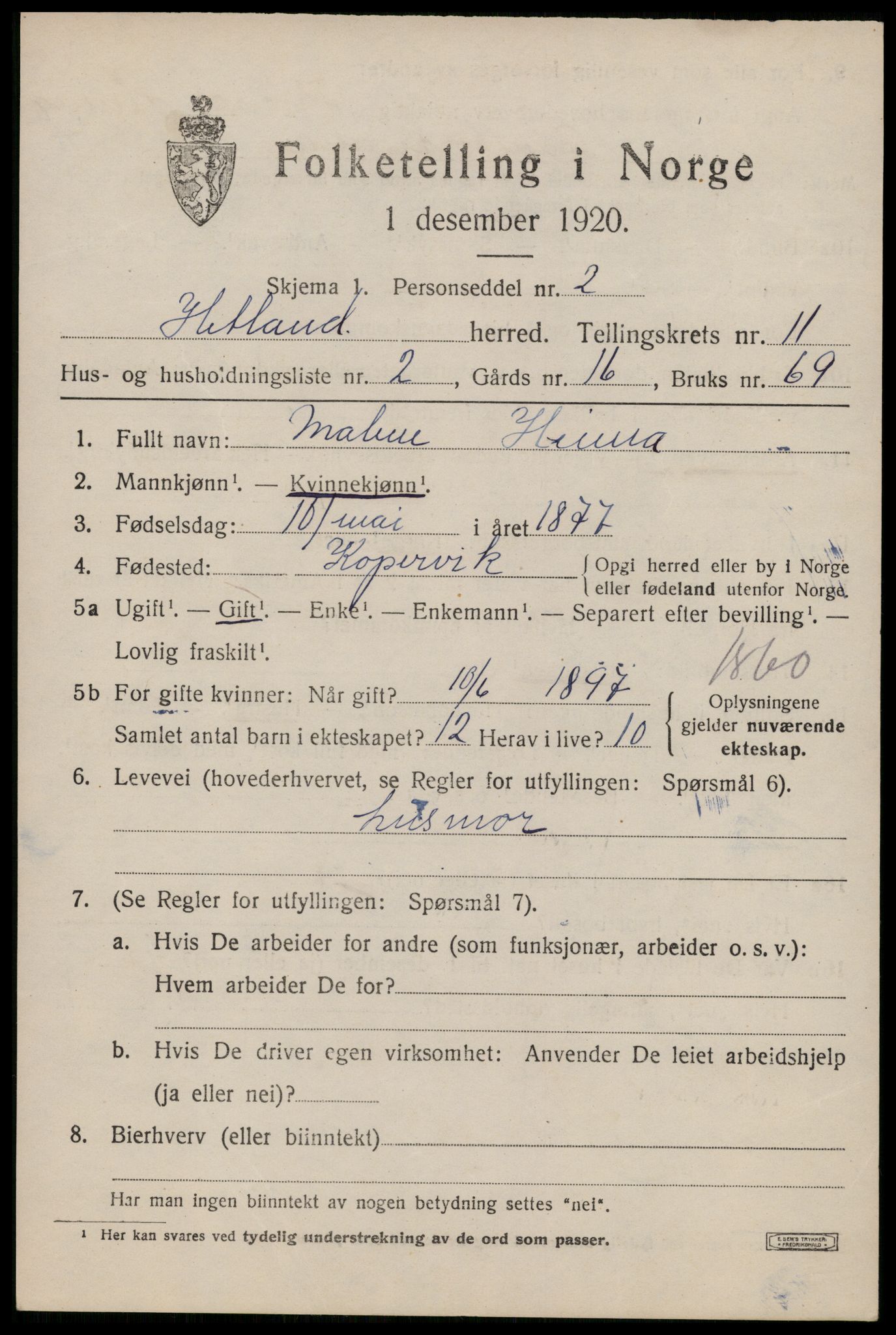 SAST, 1920 census for Hetland, 1920, p. 19951