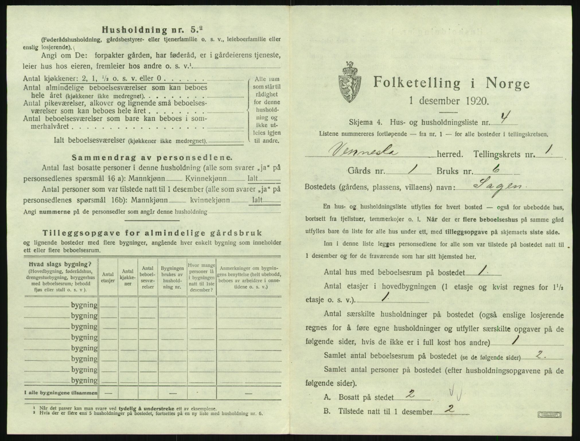 SAK, 1920 census for Vennesla, 1920, p. 50