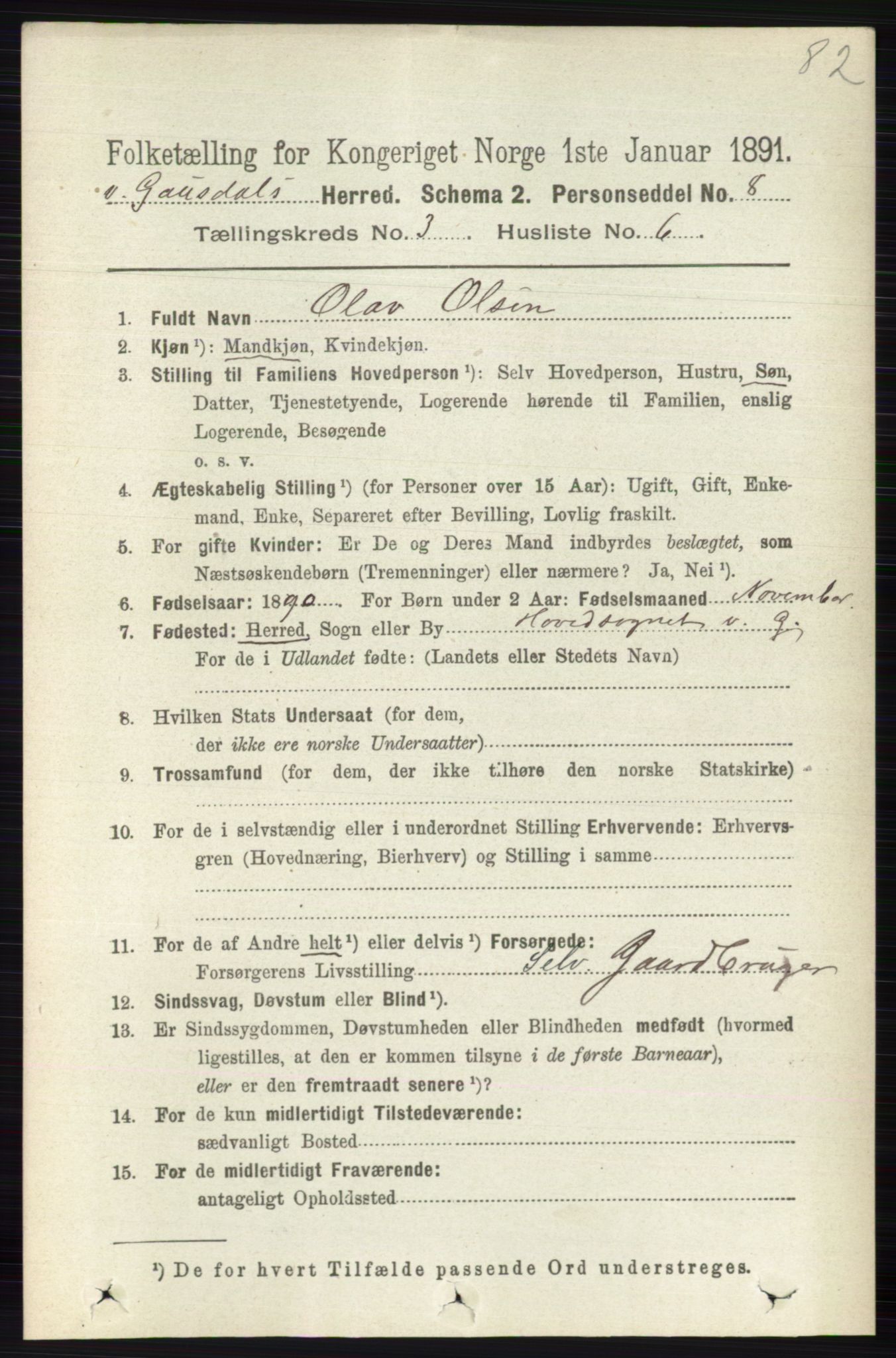 RA, 1891 census for 0523 Vestre Gausdal, 1891, p. 1279