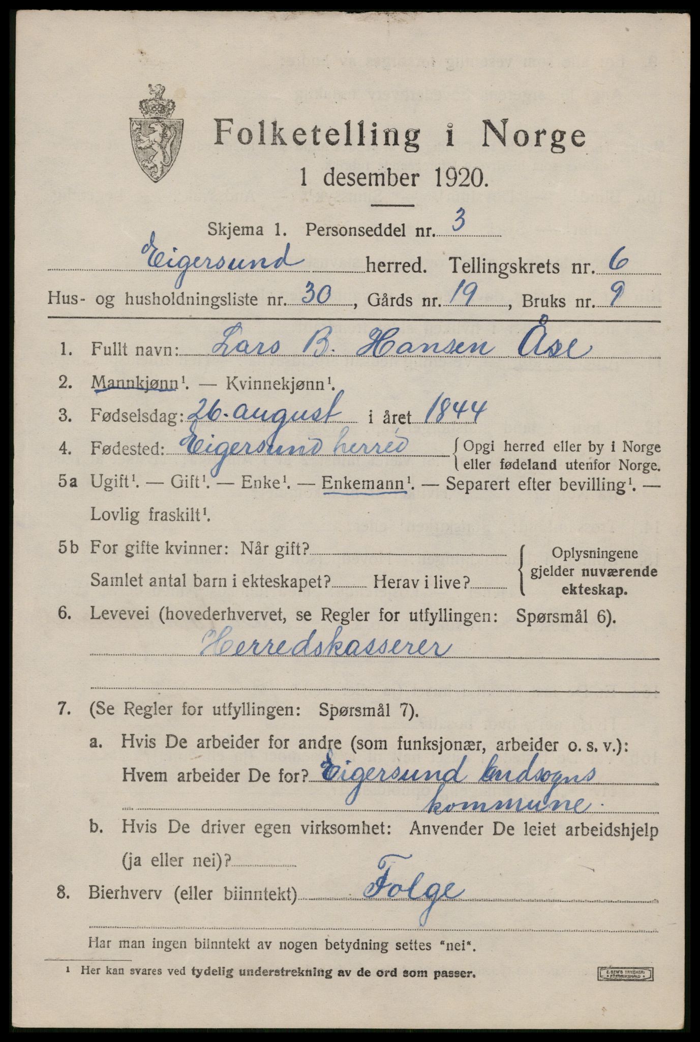 SAST, 1920 census for Eigersund, 1920, p. 4223