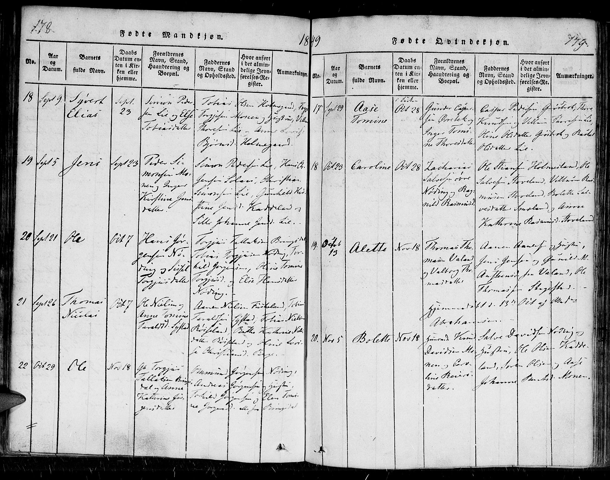 Holum sokneprestkontor, AV/SAK-1111-0022/F/Fa/Faa/L0004: Parish register (official) no. A 4, 1820-1849, p. 178-179