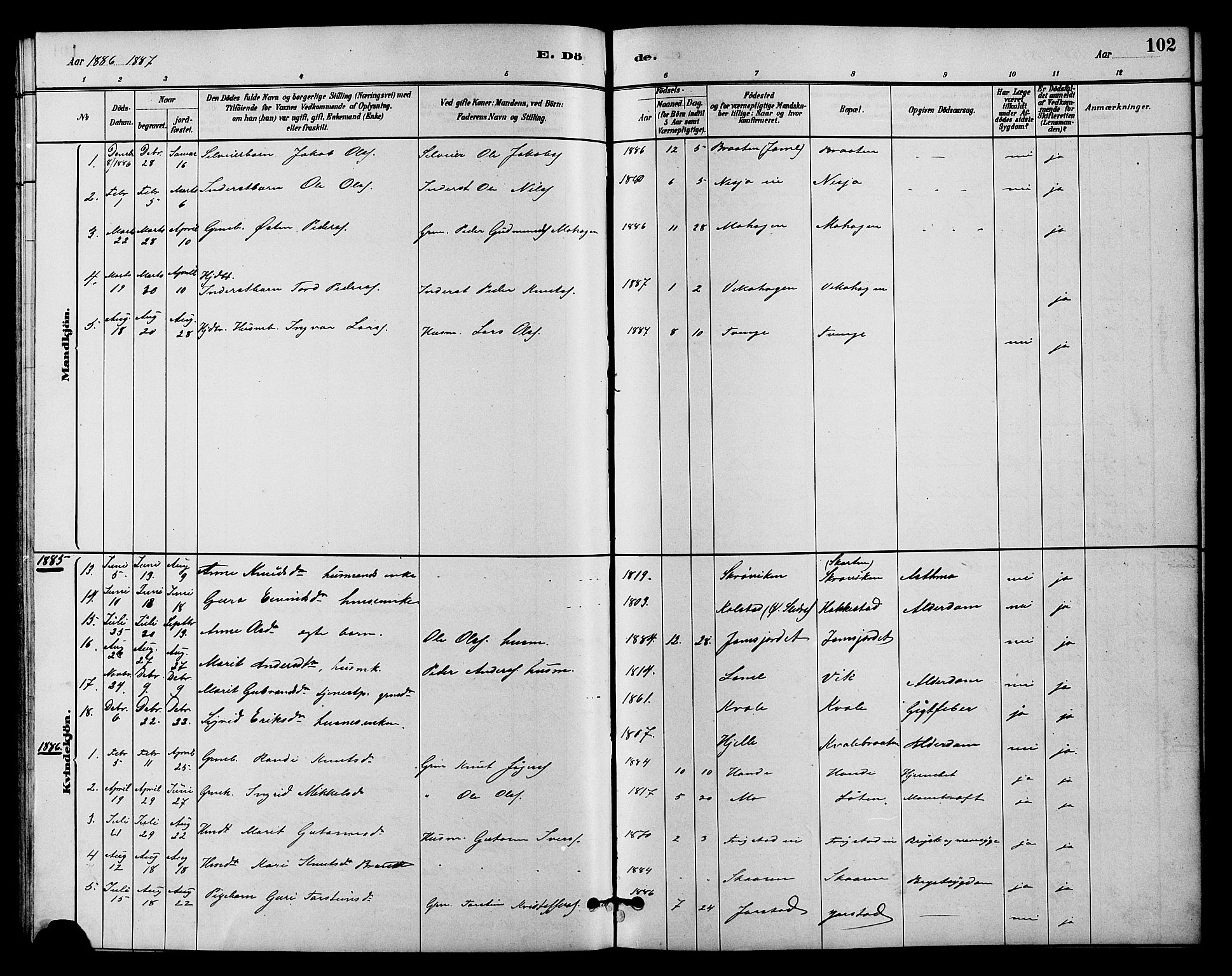 Vestre Slidre prestekontor, SAH/PREST-136/H/Ha/Hab/L0004: Parish register (copy) no. 4, 1881-1912, p. 102