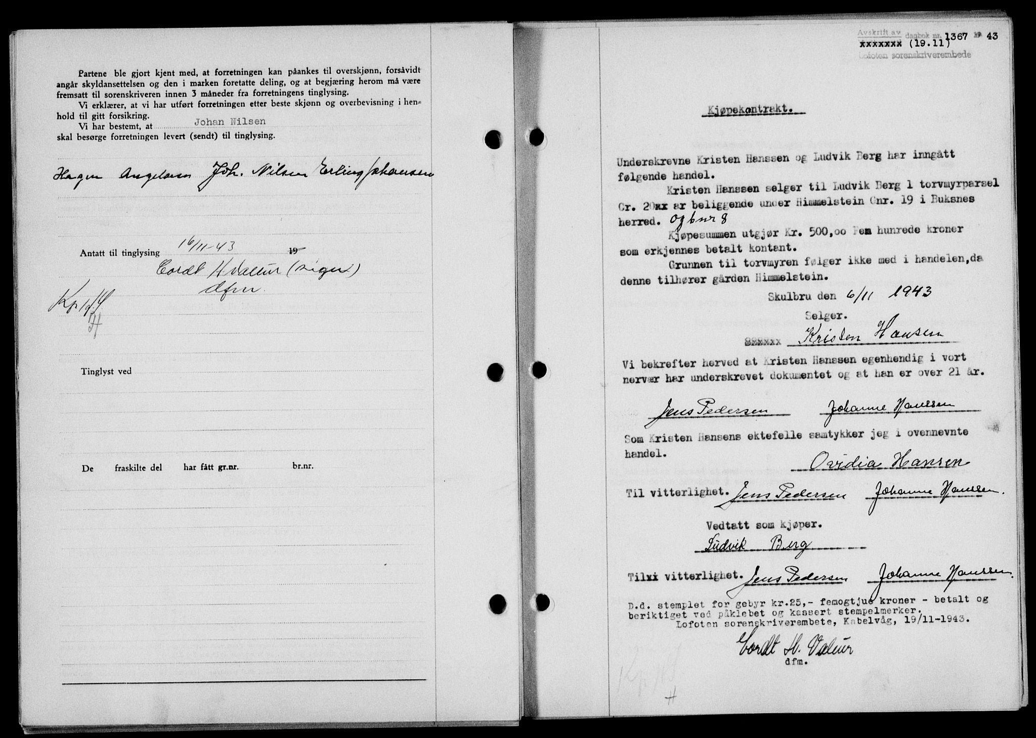 Lofoten sorenskriveri, SAT/A-0017/1/2/2C/L0011a: Mortgage book no. 11a, 1943-1943, Diary no: : 1367/1943