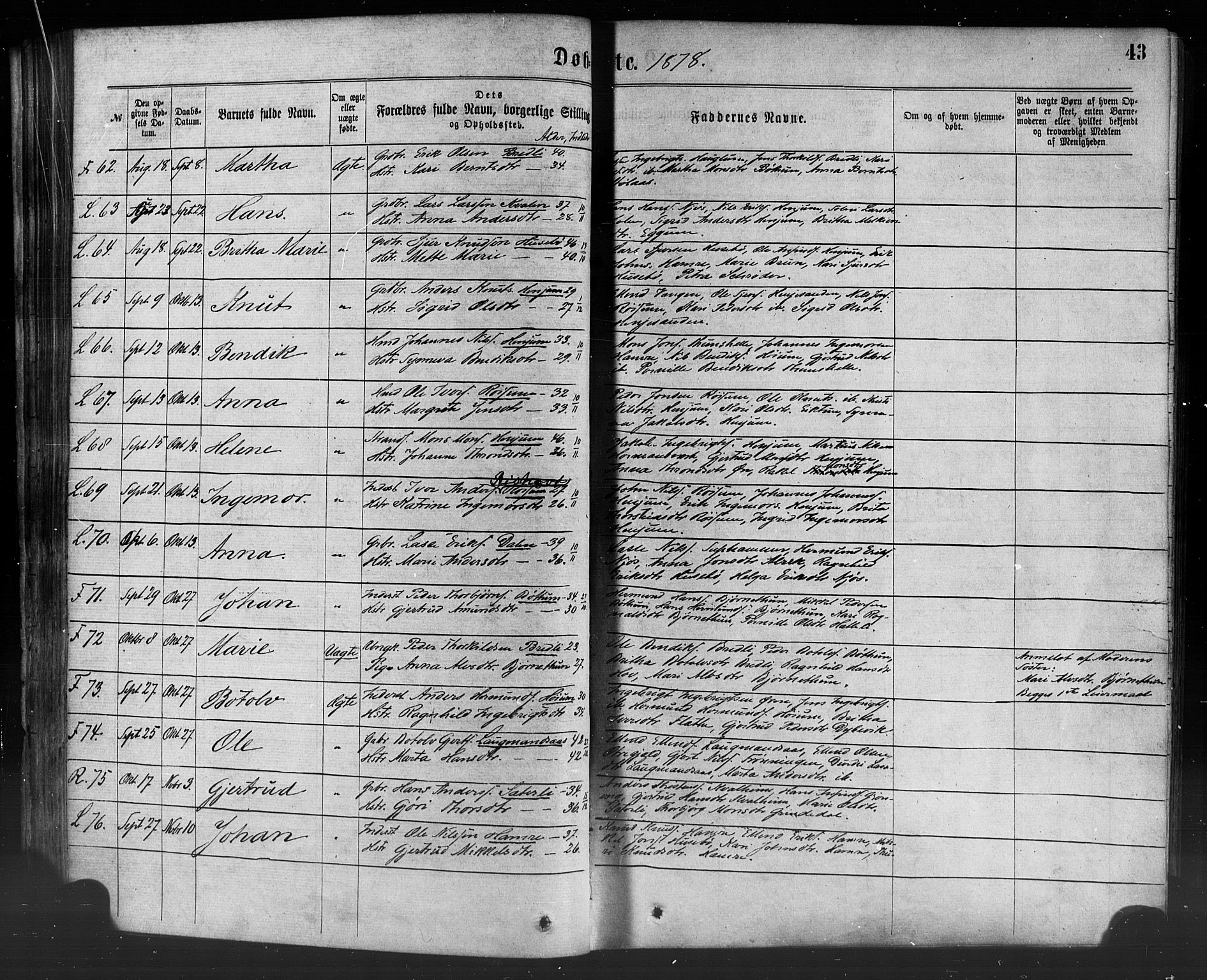 Leikanger sokneprestembete, SAB/A-81001: Parish register (official) no. A 9, 1869-1888, p. 43