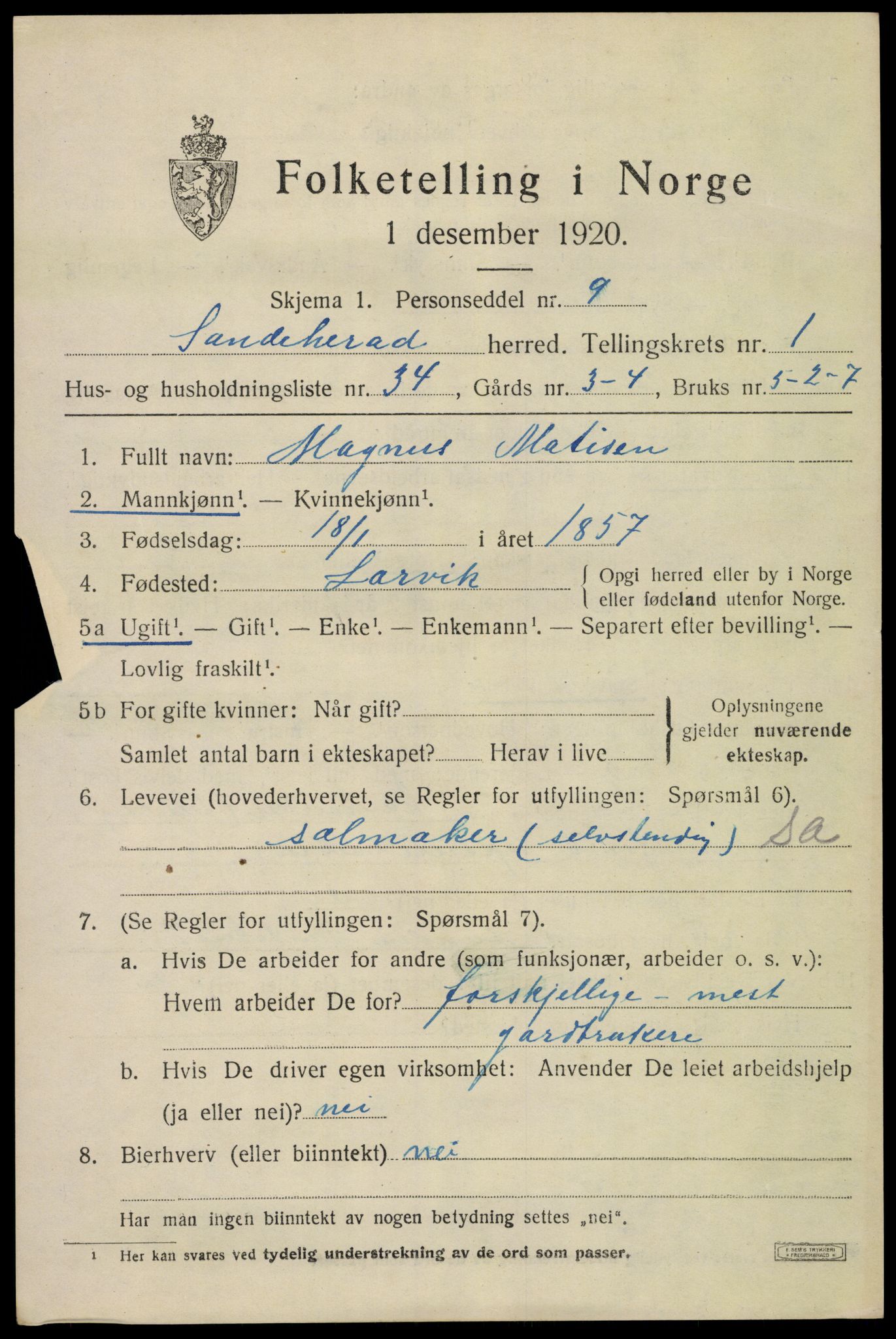 SAKO, 1920 census for Sandeherred, 1920, p. 4128