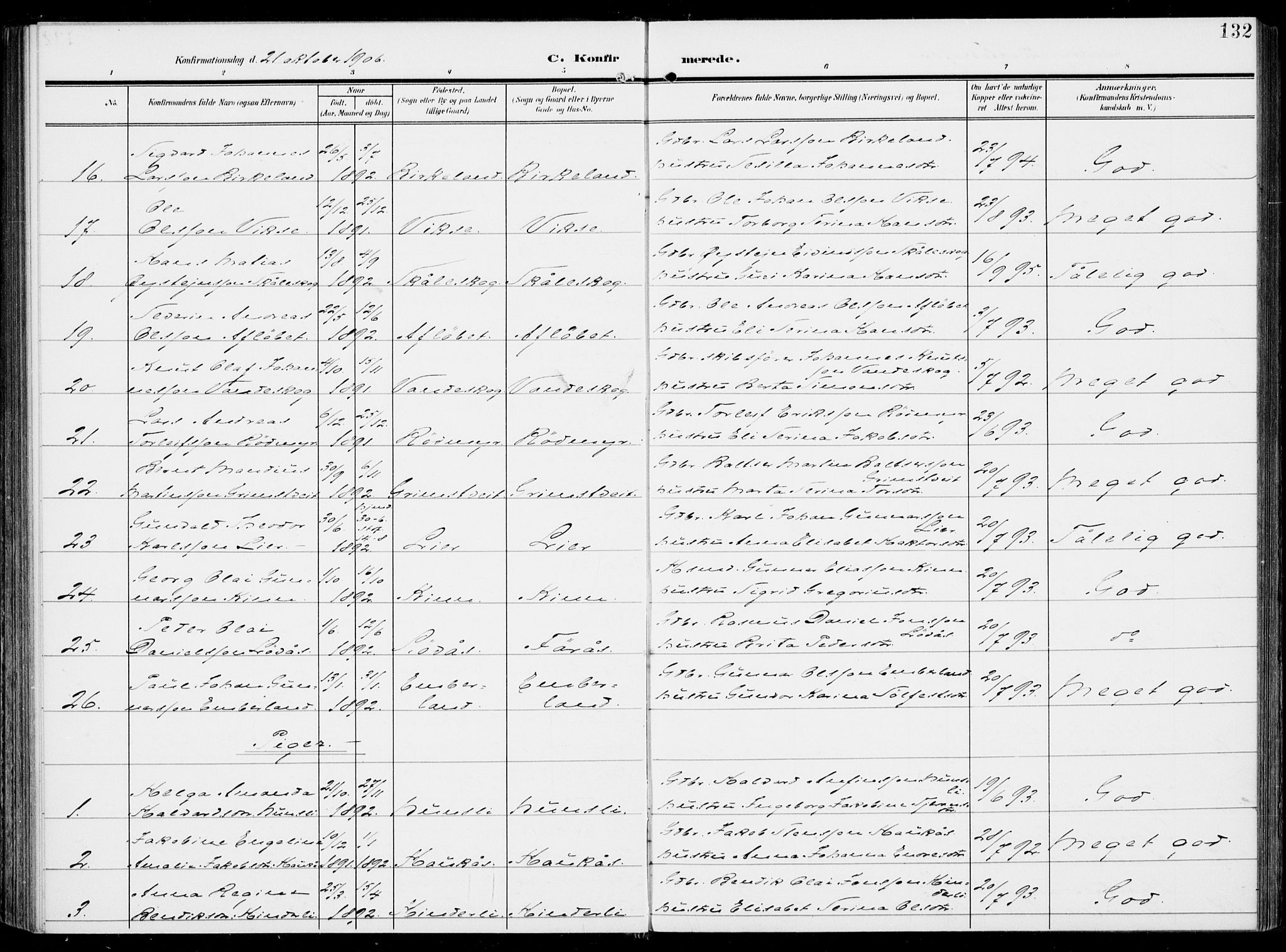 Sveio Sokneprestembete, SAB/A-78501/H/Haa: Parish register (official) no. B  4, 1906-1919, p. 132
