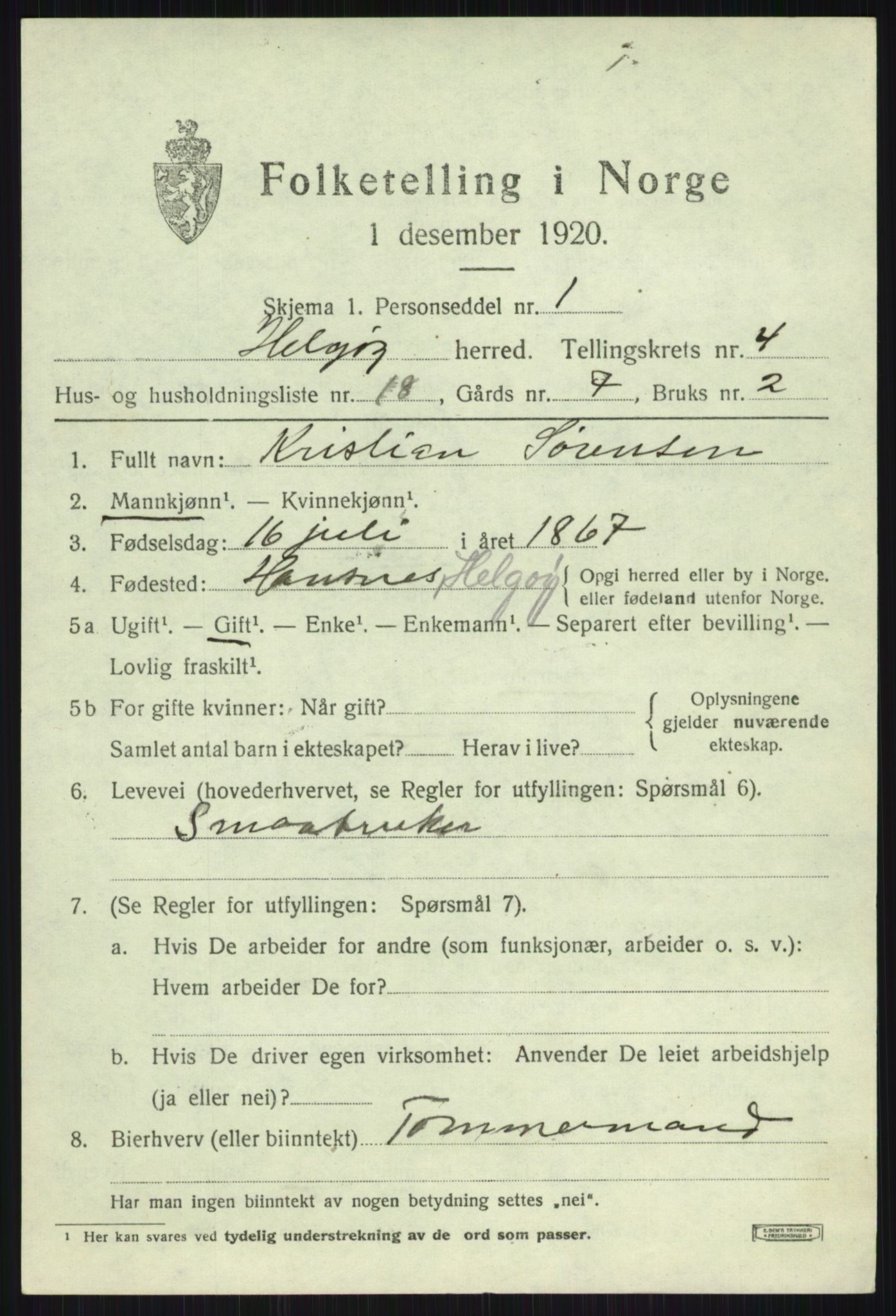 SATØ, 1920 census for Helgøy, 1920, p. 1864