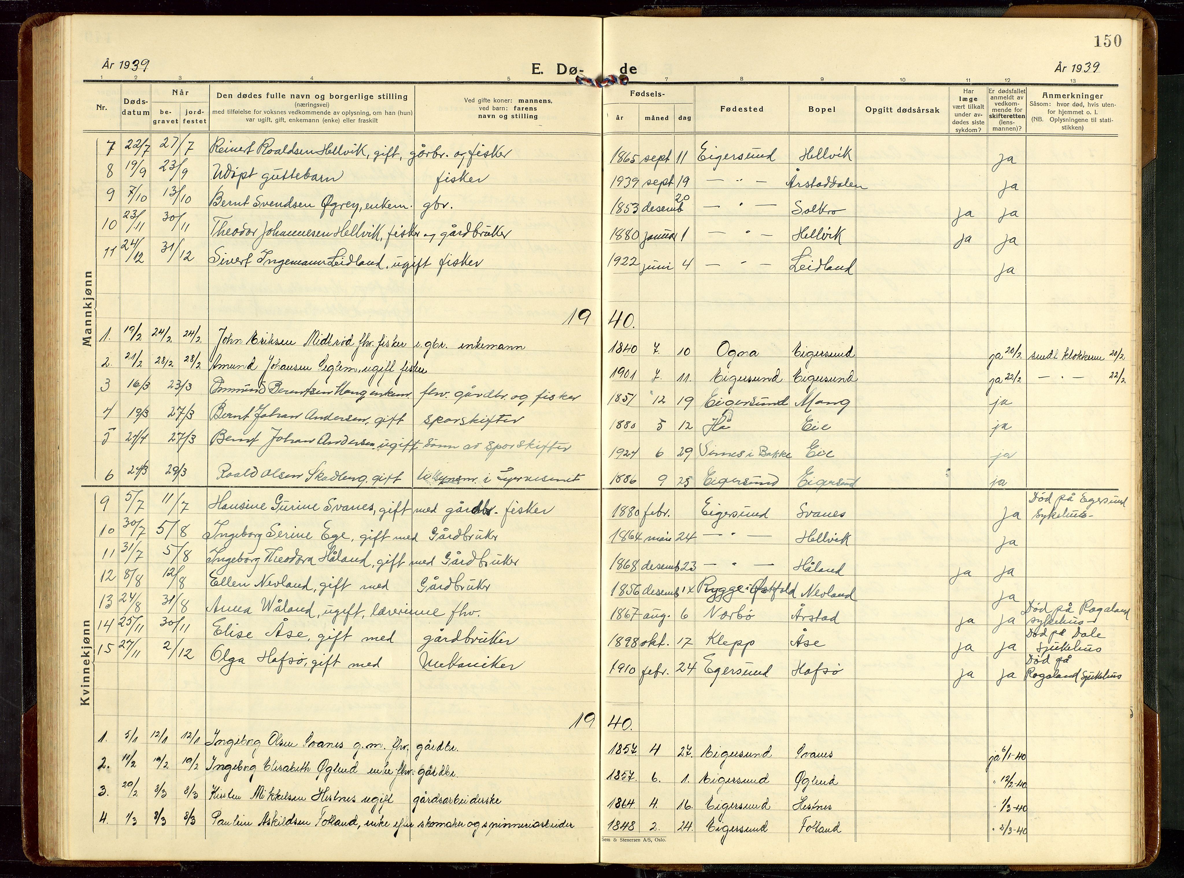 Eigersund sokneprestkontor, SAST/A-101807/S09/L0013: Parish register (copy) no. B 13, 1931-1949, p. 150