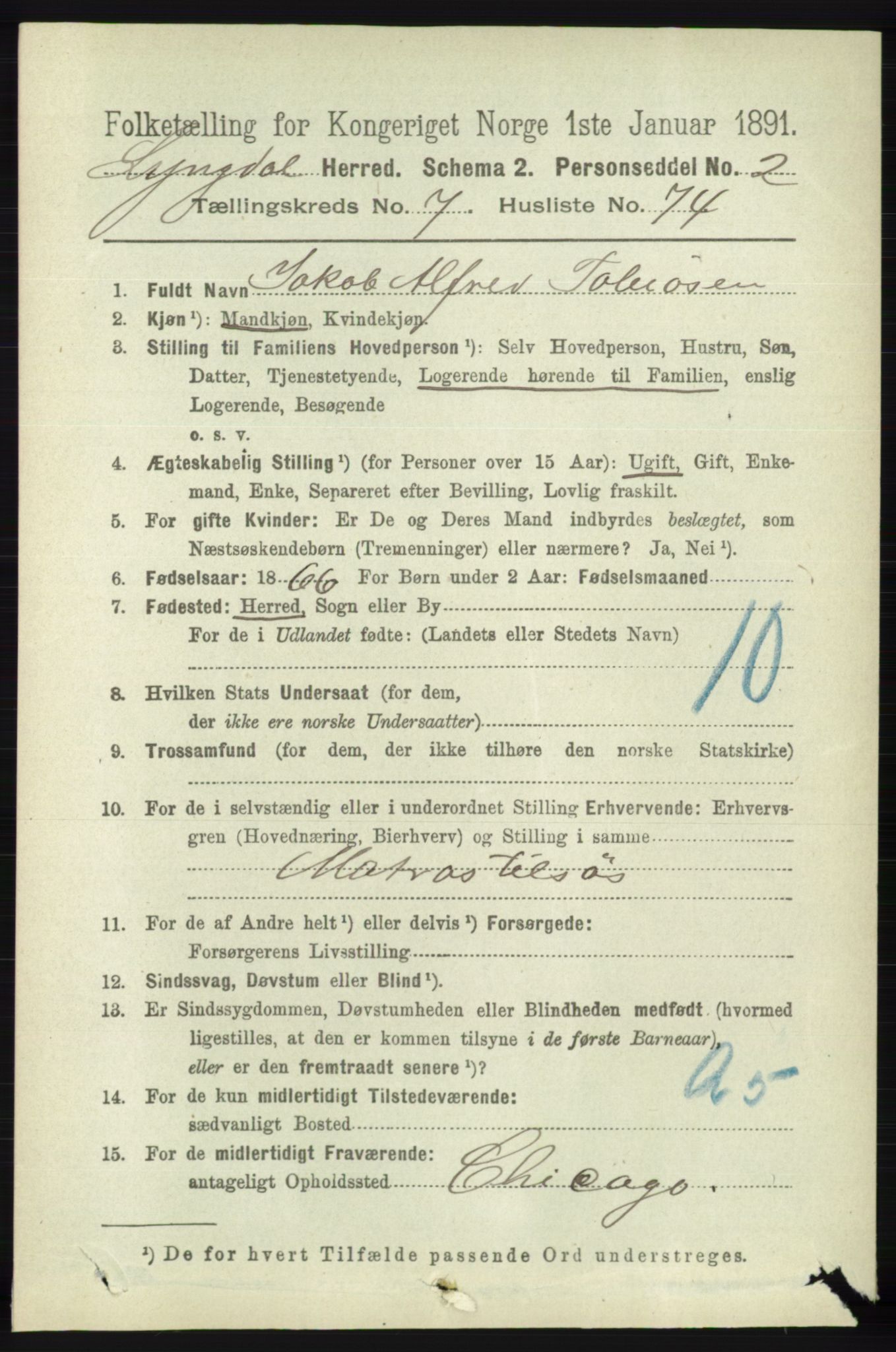 RA, 1891 census for 1032 Lyngdal, 1891, p. 3326