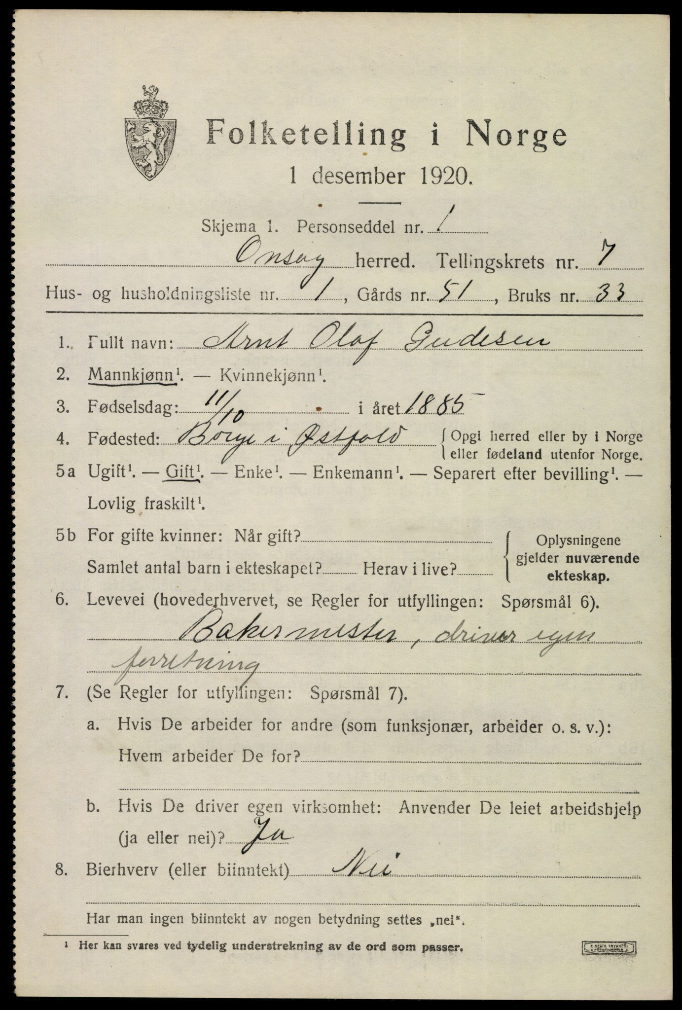 SAO, 1920 census for Onsøy, 1920, p. 10568