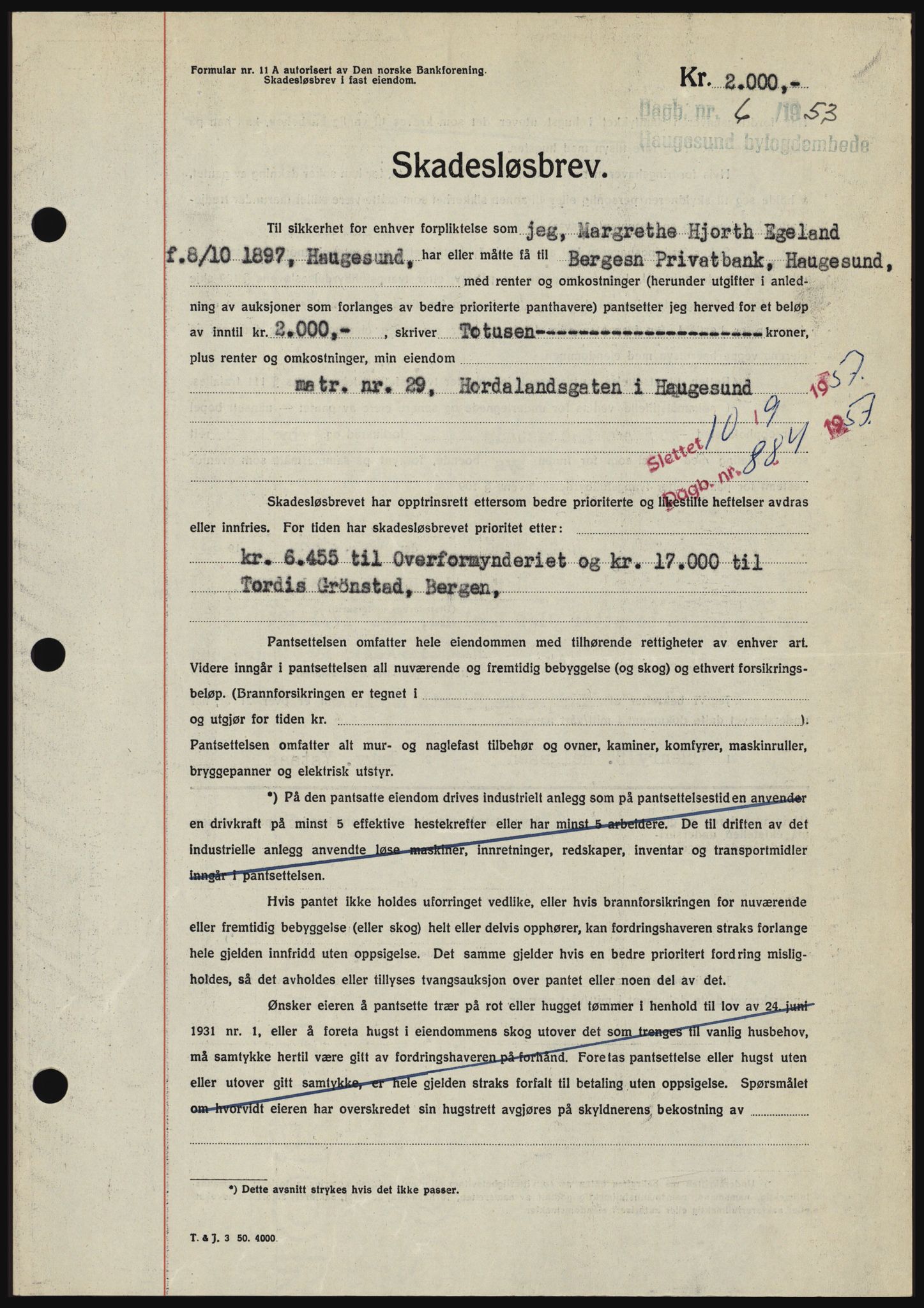 Haugesund tingrett, AV/SAST-A-101415/01/II/IIC/L0039: Mortgage book no. B 39, 1952-1953, Diary no: : 6/1953