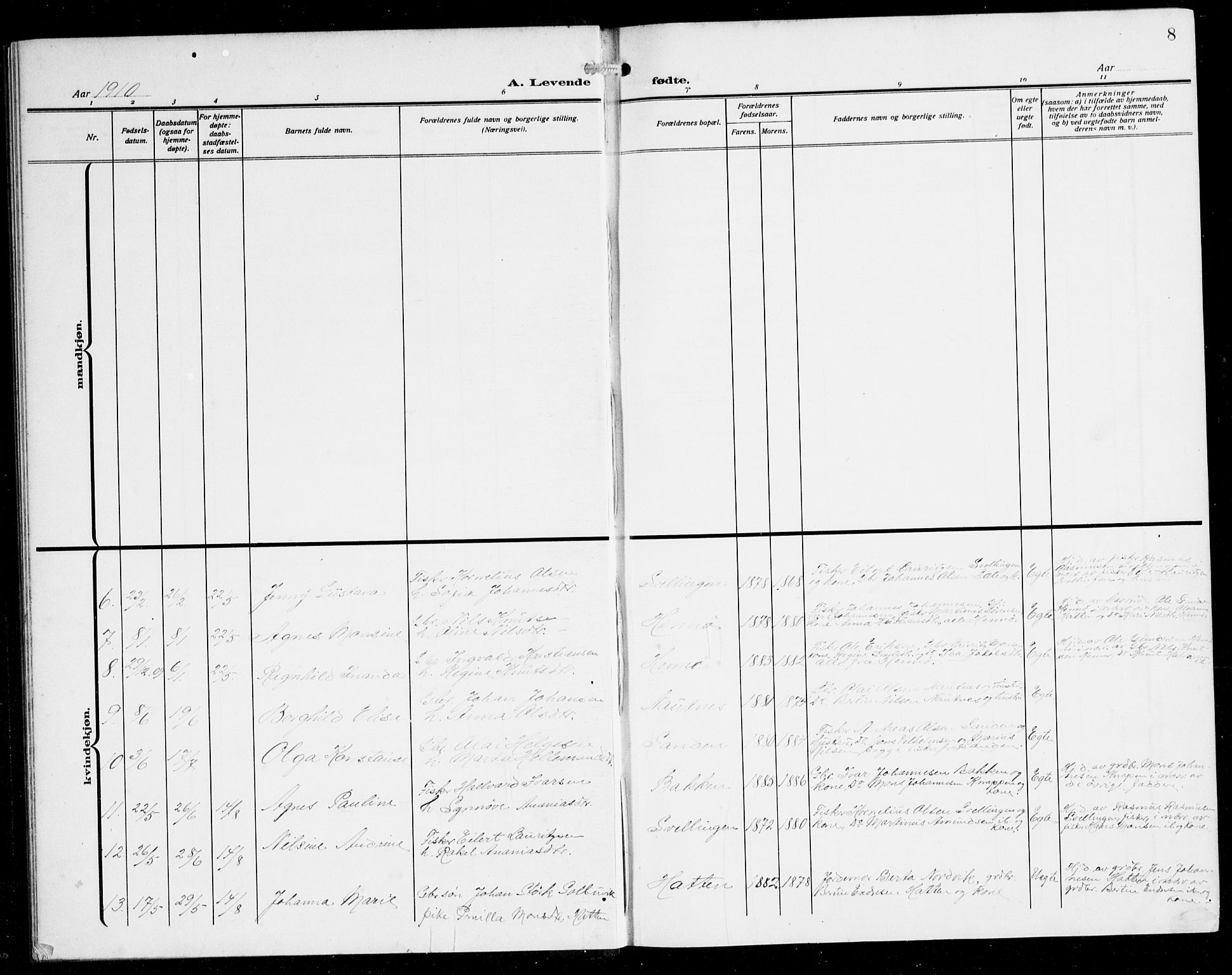 Herdla Sokneprestembete, SAB/A-75701/H/Hab: Parish register (copy) no. B 1, 1909-1929, p. 8