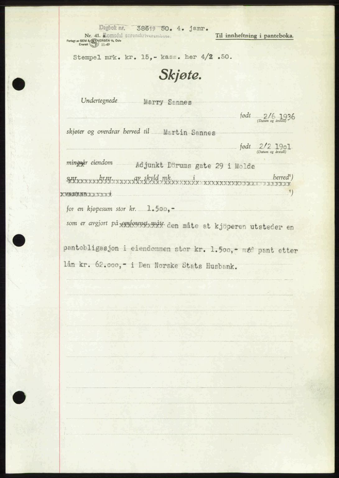 Romsdal sorenskriveri, AV/SAT-A-4149/1/2/2C: Mortgage book no. A32, 1950-1950, Diary no: : 386/1950