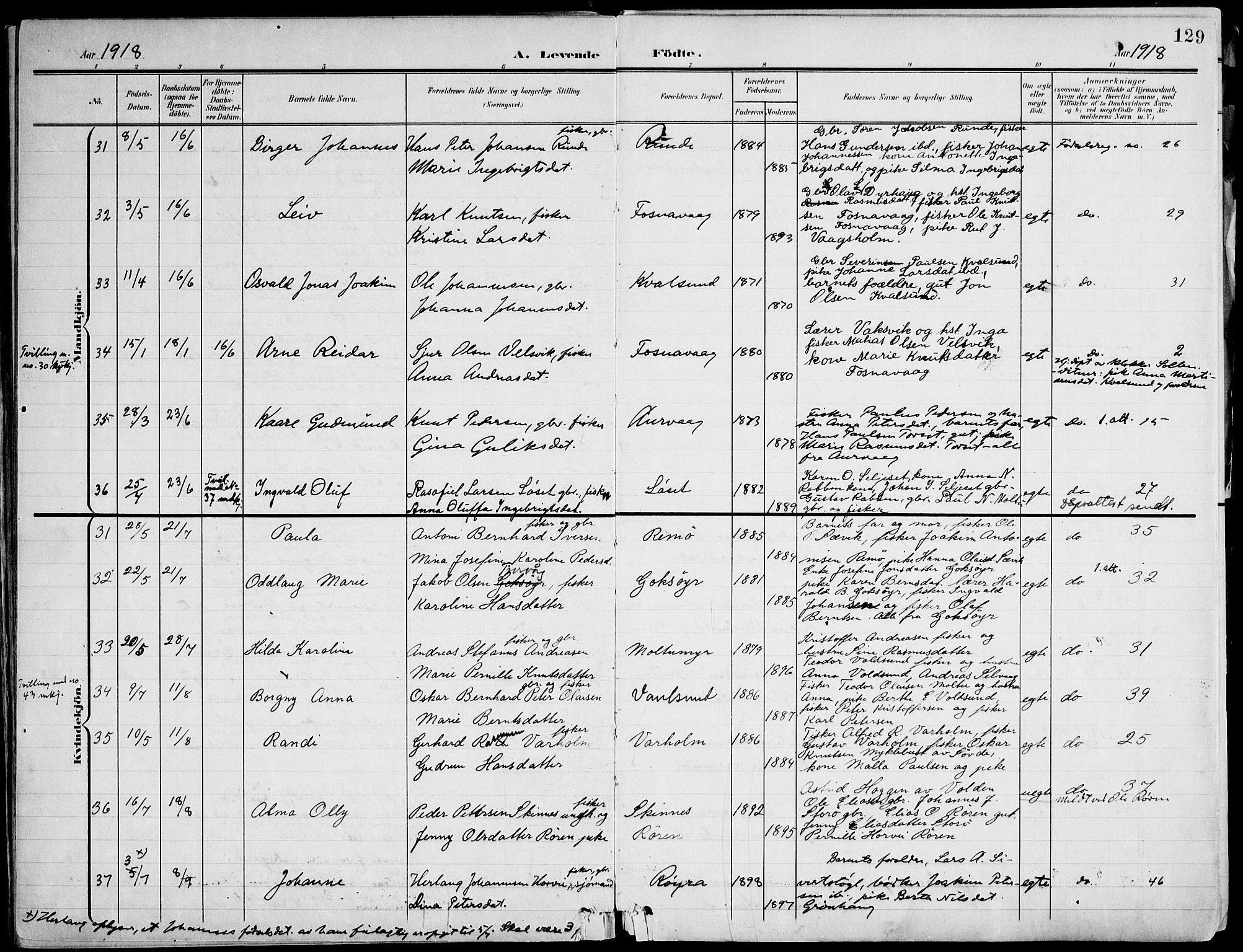 Ministerialprotokoller, klokkerbøker og fødselsregistre - Møre og Romsdal, AV/SAT-A-1454/507/L0075: Parish register (official) no. 507A10, 1901-1920, p. 129