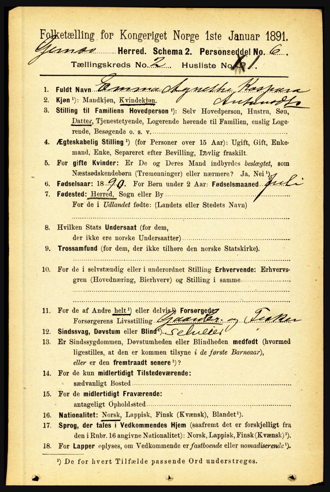 RA, 1891 census for 1864 Gimsøy, 1891, p. 323