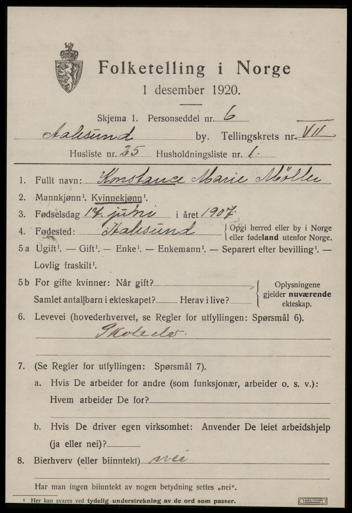 SAT, 1920 census for Ålesund, 1920, p. 20010